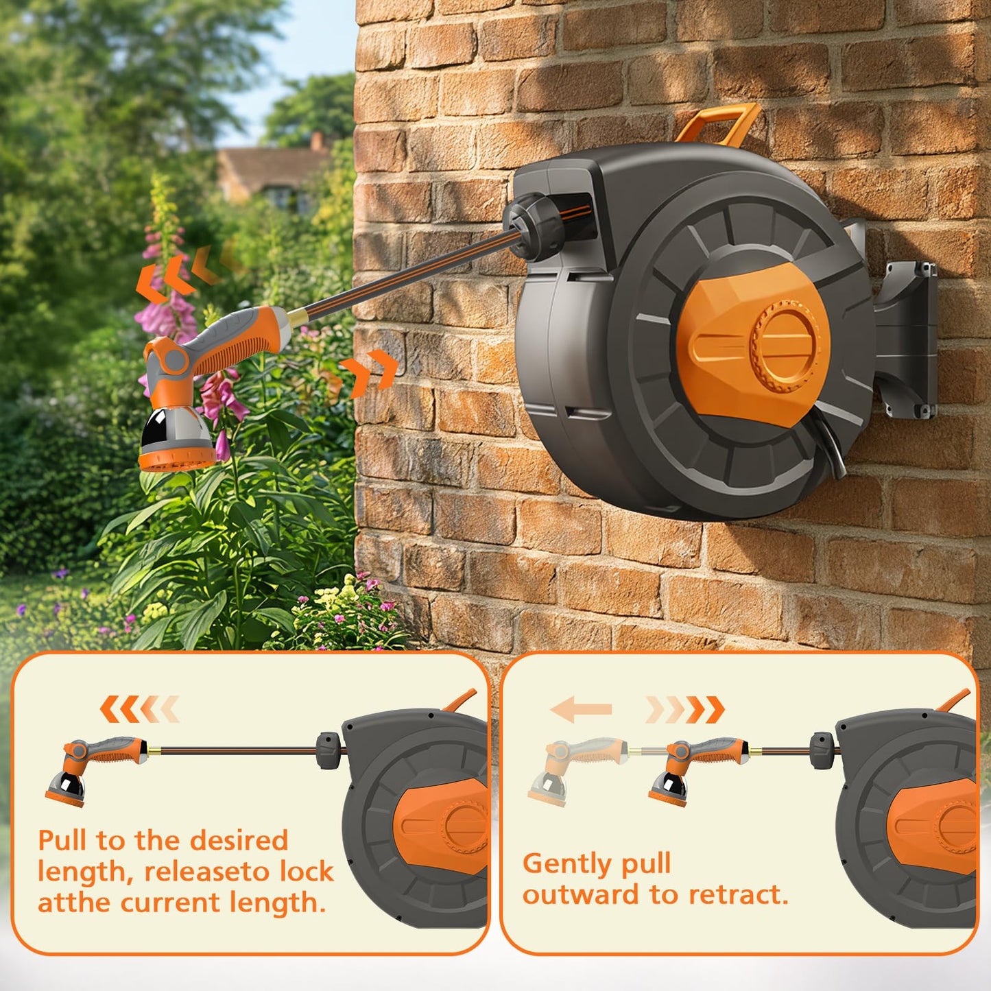 Entgard Retractable Garden Hose Reel 100 FT, 1/2" Heavy Duty Garden Hose 435 PSI Burst Pressure, Wall Mounted Water Hose Reel with 10-Pattern Nozzle, 180° Swivel, Slow Auto Rewind & Any Length Lock