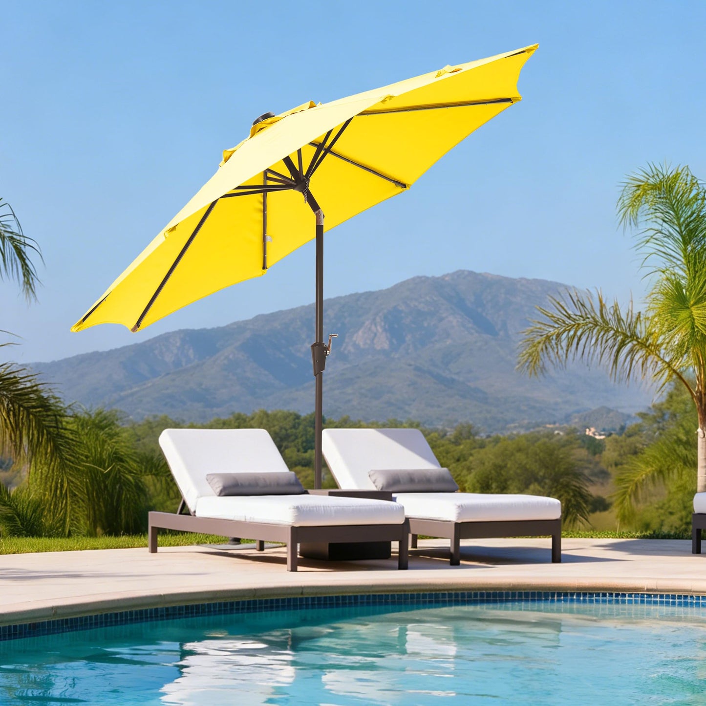 Tioline 9FT Solar-Powered LED Patio Umbrella with Tilt Crank,Outdoor Market Umbrella with 32 Lights,Sunshade for Deck, Garden and Pool,Yellow