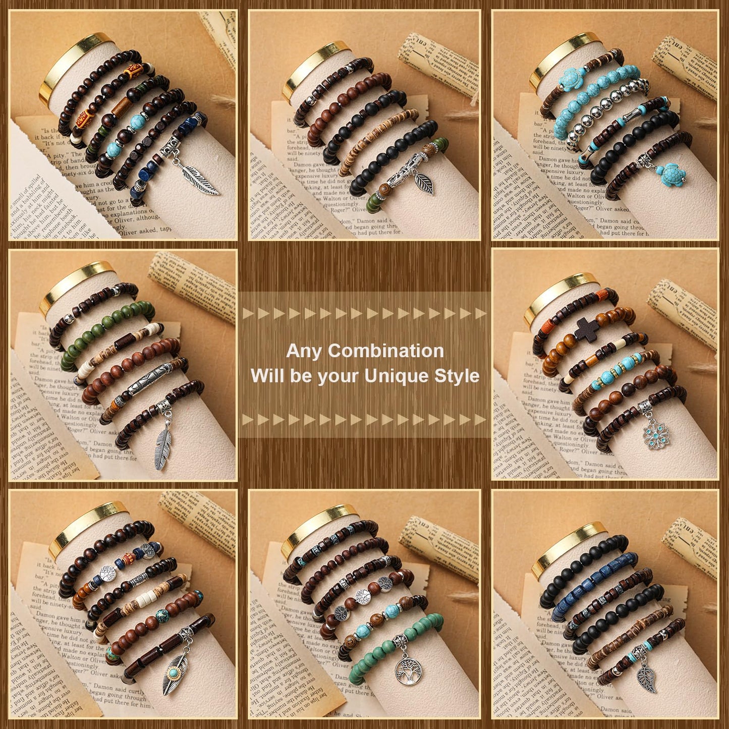 Tondiamo 48 Pcs Punk Wooden Beads Bracelets Gothic Bracelet for Men Adjustable Bulk Vintage Beaded Bracelet Metal Set Wood Bangles Wristbands Commemorative Gift