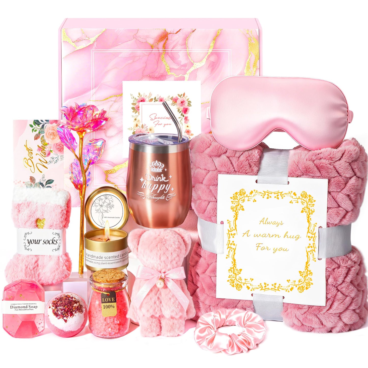 Birthday Gifts Basket for Women Mom Her Sister Grandma, Get Well Self Care Gift For Friend, Relax Spa Set-Luxury Flannel Blanket Rose Flower, Wife Gift Mothers Day Christmas Valentines Jeowoqao
