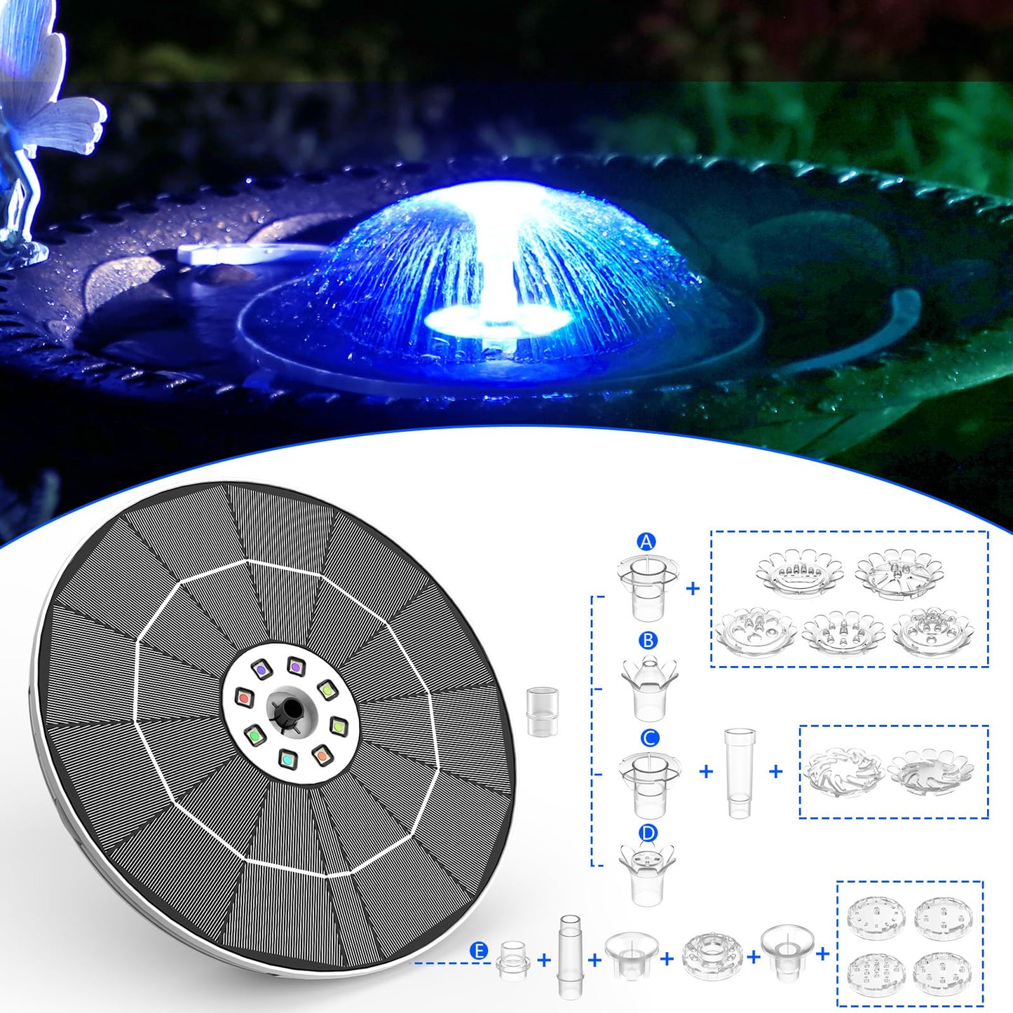 AISITIN 6.5W Solar Fountain for Bird Bath with 3000mAh Battery & Color Changing LED Light, 3 Anti-Drift Fixed Bracket & 8 Nozzles, Solar Water Fountain for Bird Bath, Garden, Pond, Patio, Courtyard