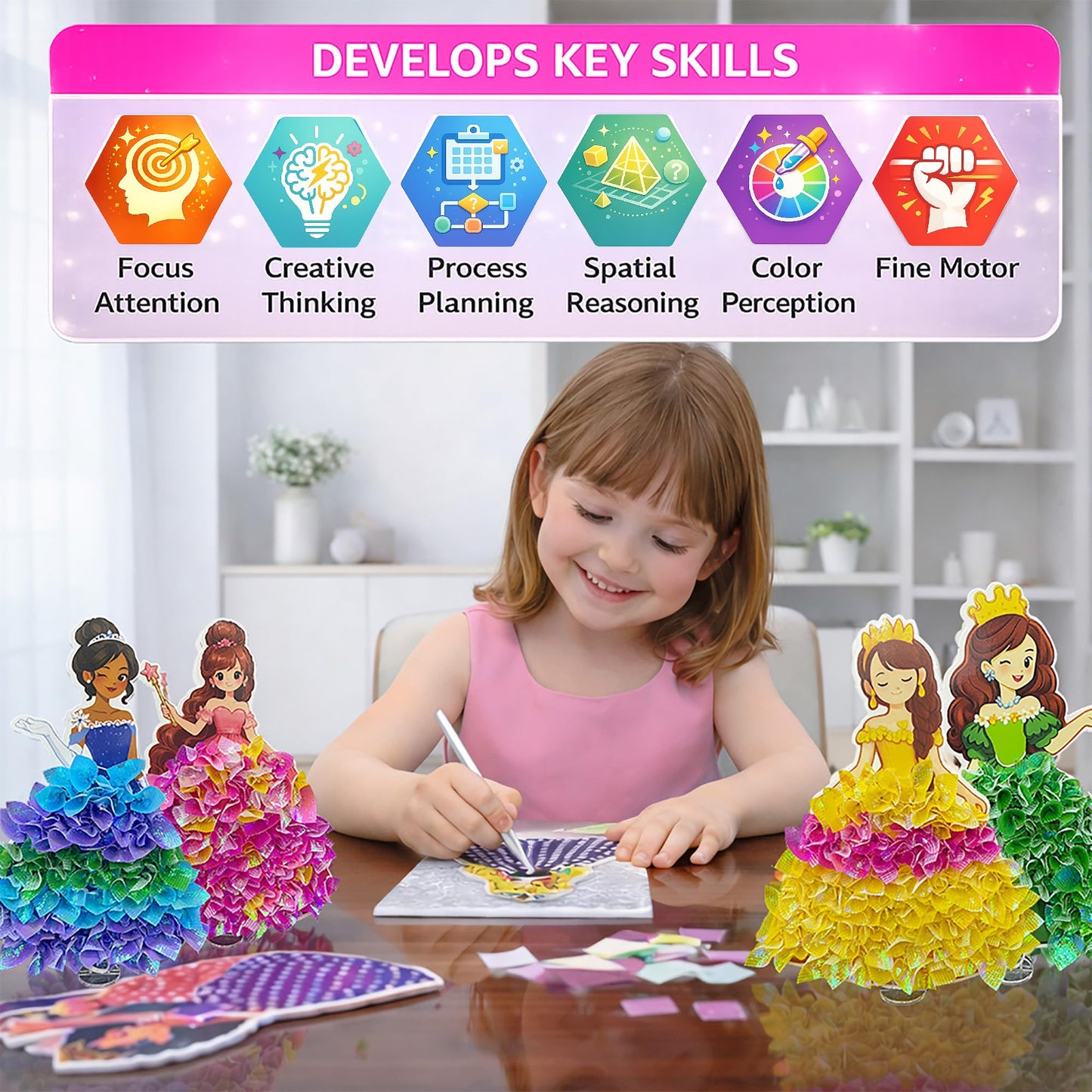 PoKraft Magical Princesses Poke Art, Paper Craft Kit with Gift Bag, Mess-Free Fun for Kids 3-9, Colorful DIY Activity Toys Games, Perfect Birthday Gifts for Girls, Builds Fine Motor Skills