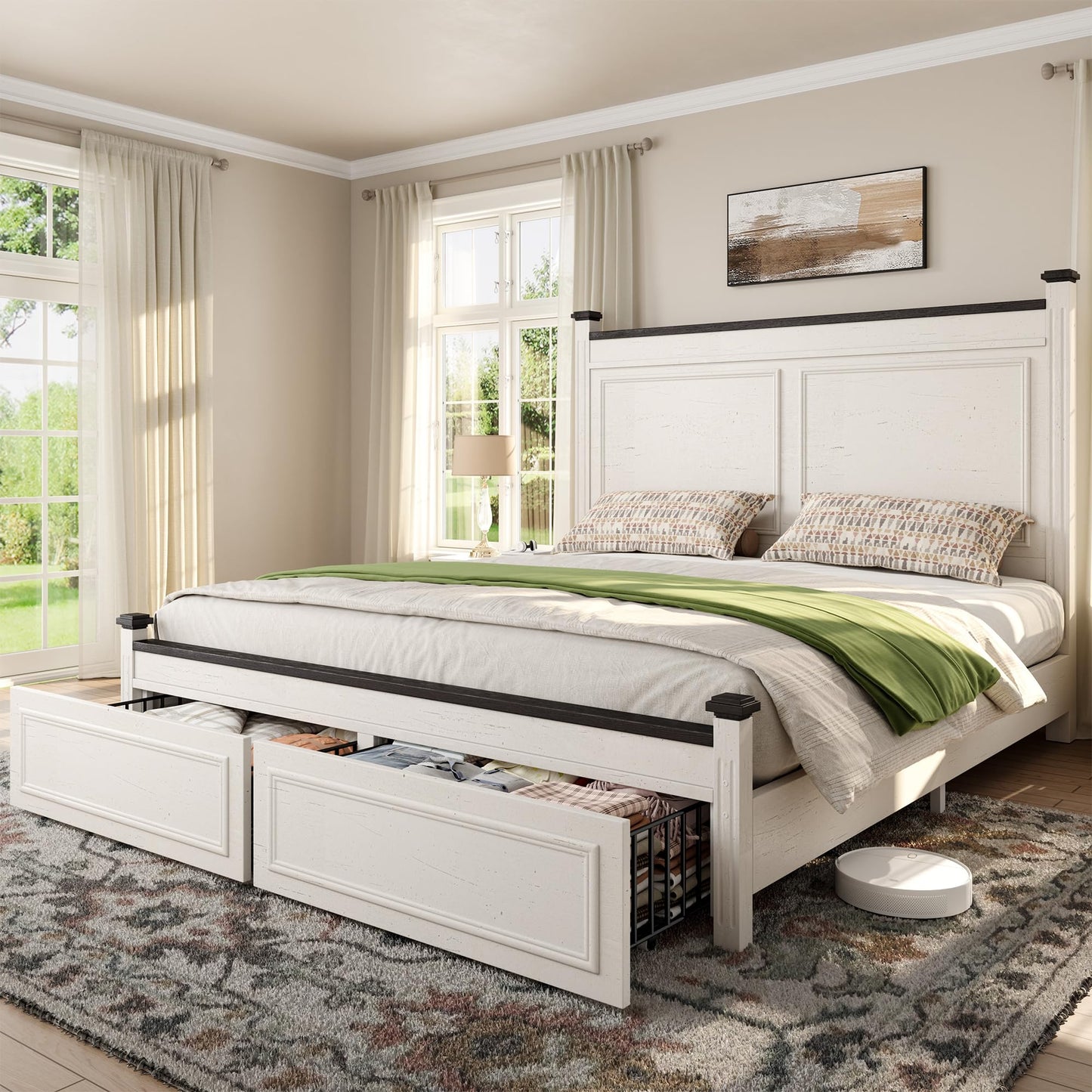 Homkdom Farmhouse Queen Size Bed Frame, 51” Tall Queen Bed Frame with Headboard, Bed Frame with 2 Storage Drawers, No Box Spring Needed, White
