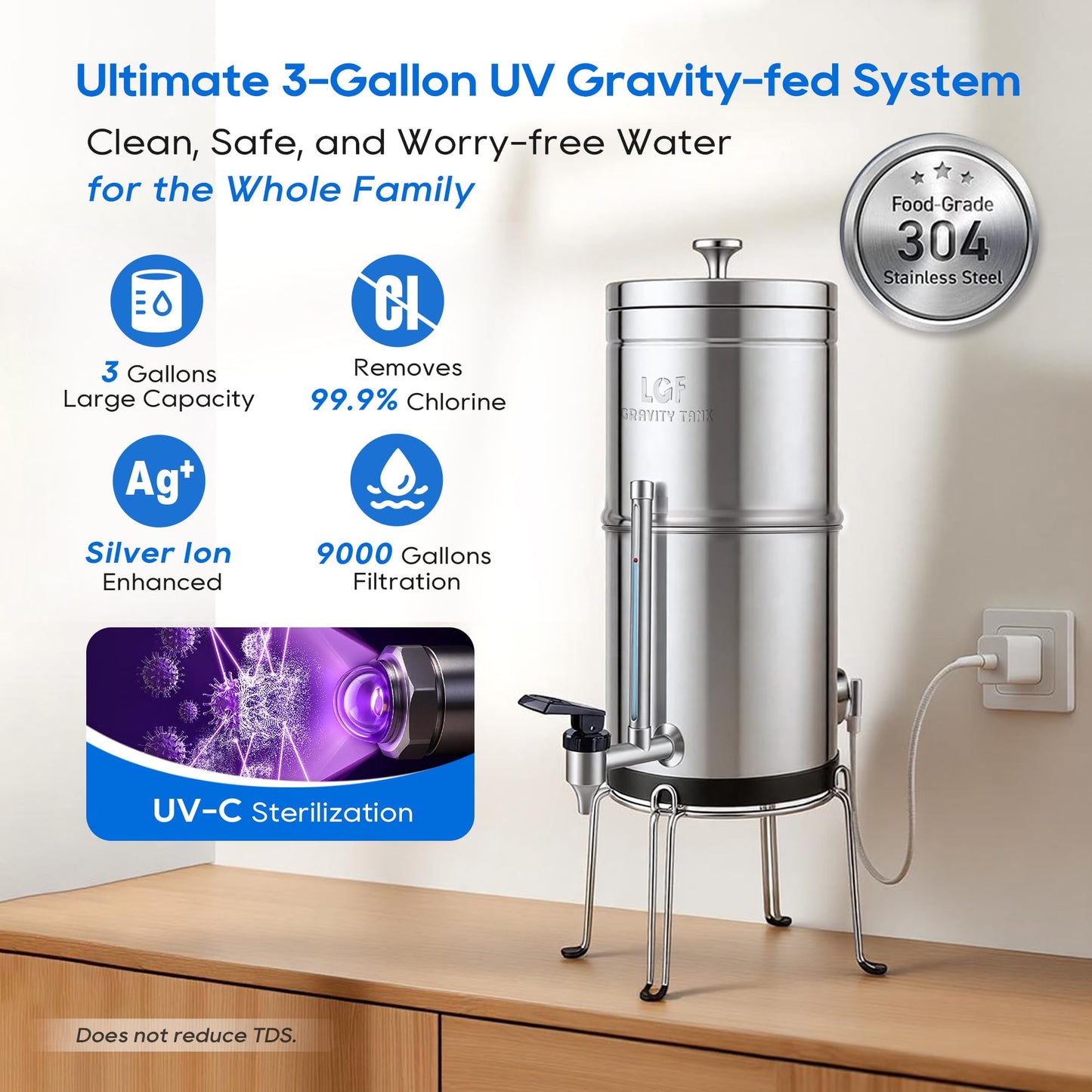 LCF 𝐒𝐢𝐥𝐯𝐞𝐫 𝐈𝐨𝐧𝐬 Enhanced UV-C Gravity Water Filter, Advanced Alternative to Berkey Water Filter System, NSF42 Standard, Reduces 99% Chlorine & Baçtёria, 6 Filters, Water Level Spigot, 3Gal