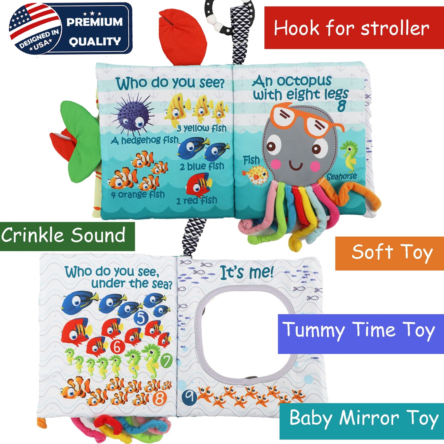 bebe mondo Unicorn Baby Crinkle Books & Fish Teething Toy for Newborn Babies Infants 0-3-6-12-18 Months Baby Gift