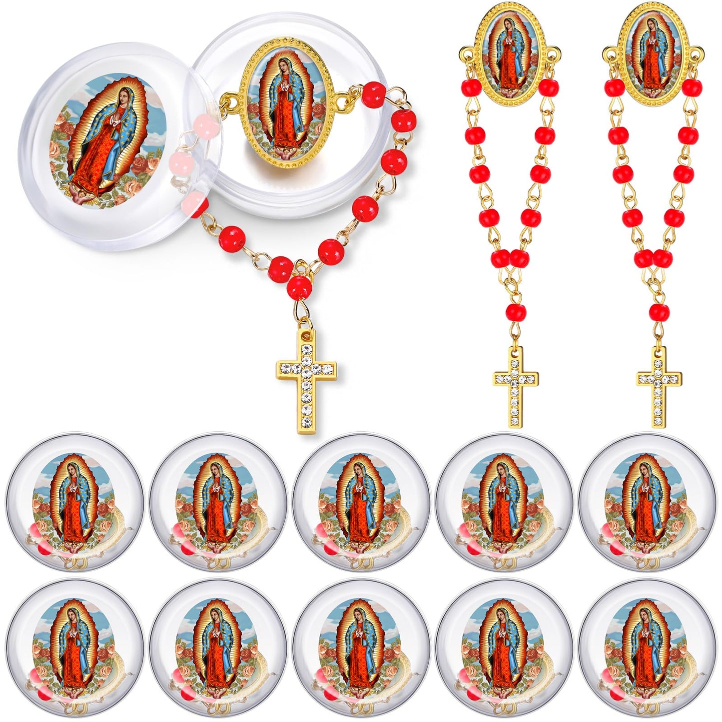 Landical 12 Pcs Our Lady of Guadalupe Rosary Lapel Pin Baptism Favor for Guests First Communion Gift Religious Catholic Pin Christian Event Funeral Memorial Favors(Red)