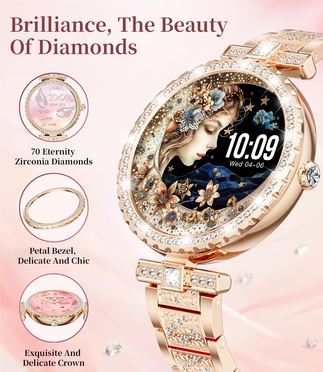 ESFOE Smart Watches for Women,1.19” AMOLED Smart Watch Women Answer Make Calls,IP68 Waterproof Fitness Tracker,Heart Rate Sleep Monitor,100+ Sports Pedometer Watch for Android iOS Phone,Gift,Rose Gold