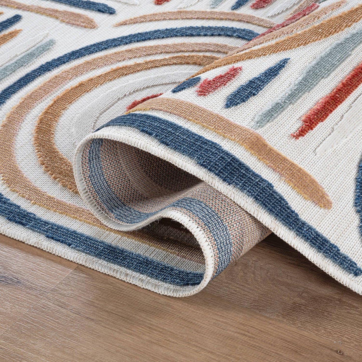 CAMILSON Indoor Outdoor Rug, Multicolor 5x7 Geometric Arch Striped Area Rugs for Patio and Home Areas, Easy-Cleaning Non-Shedding Living Room, Garden and Deck Washable Outside Carpet (5 x 7)