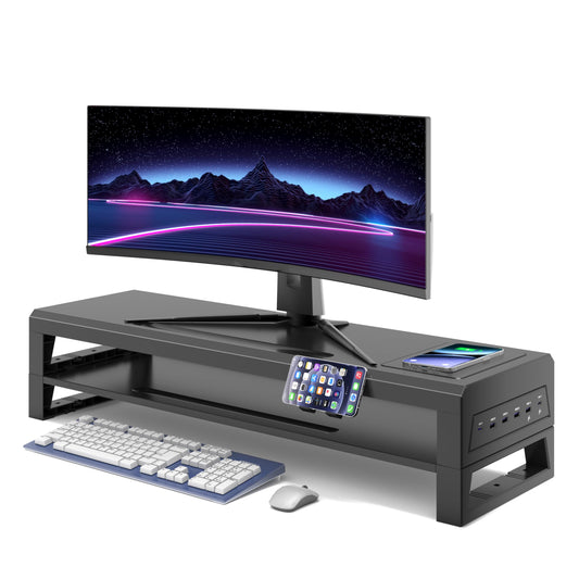 GECKOSTROLL All-in-One Dual Monitor Stand Riser, 5USB Ports and WirelessCharging Pad for MonitorsDesk Organizer for PC, iMac (Wireless Charging, Two-layer 700mm)