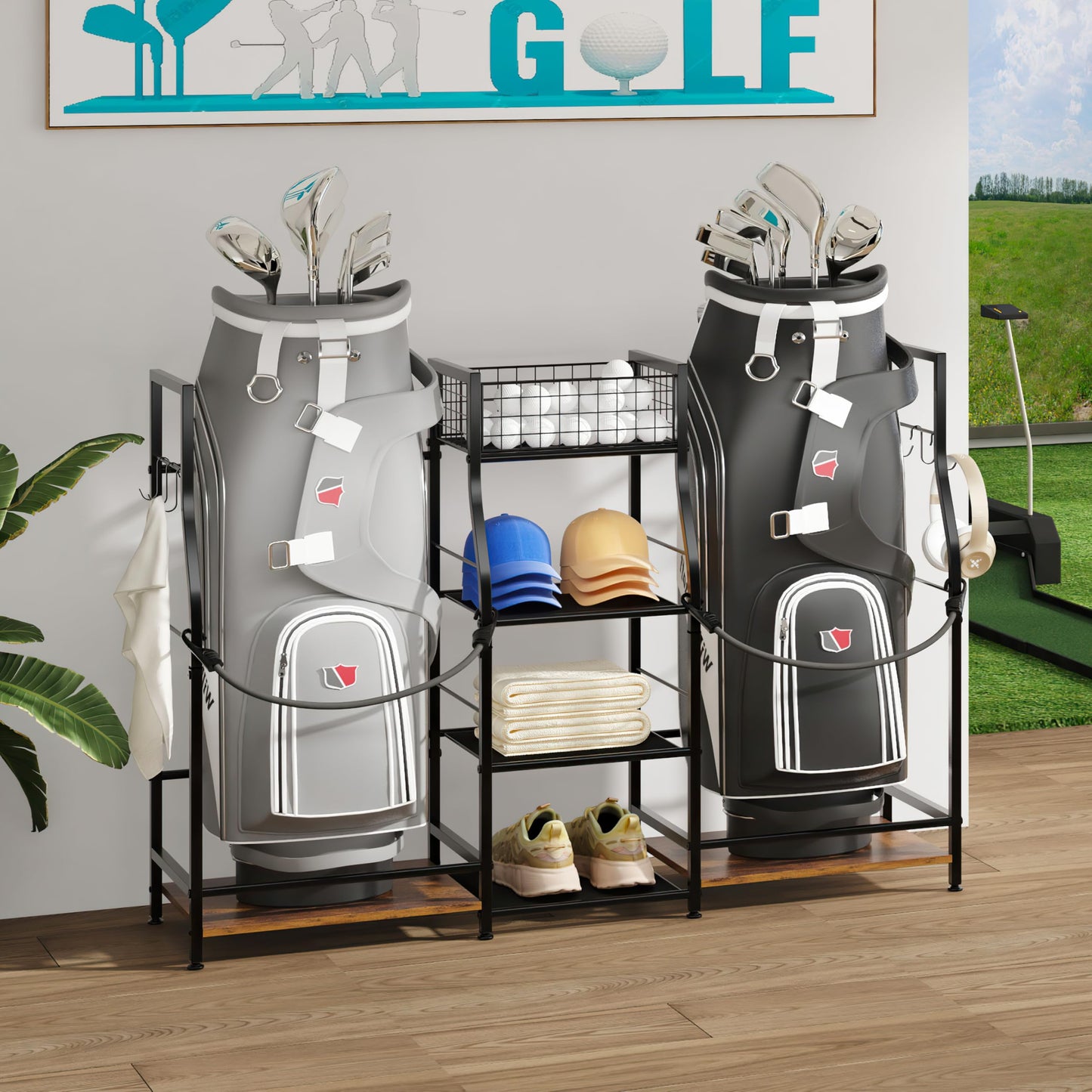 Jsskeeim Golf Bag Storage Organizer for Garage Organization, Golf Bag Stand for Golf Bag Accessories, Spacious Golf Rack for Golf Clubs & Golf Essentials, Ideal Golf Gifts for Men (Fits 2 Golf Bags)
