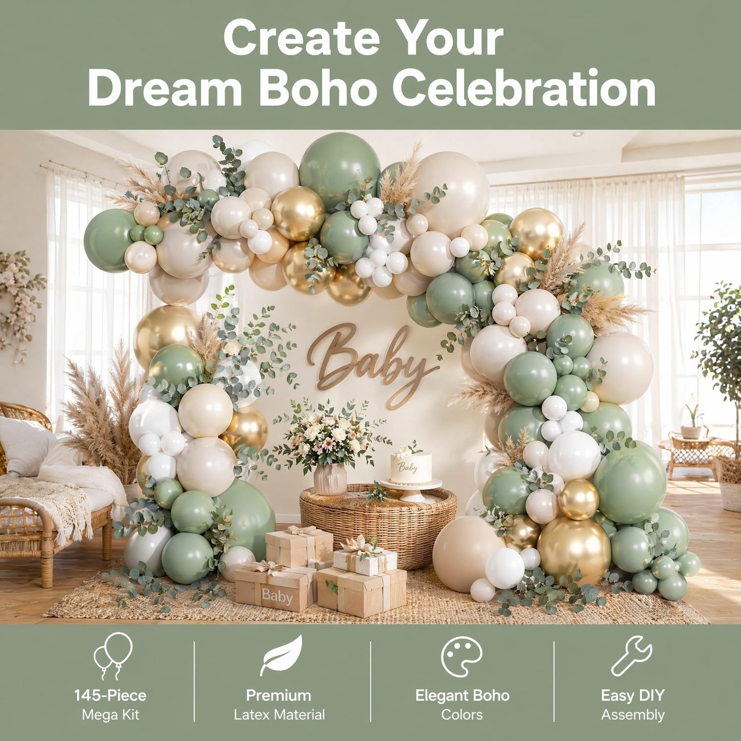 KARLURE Sage Green Balloon Arch Kit Garland with Retro Green White Sand Gold Balloons for Baby Shower Baby In Bloom Wedding Birthday Neutral Rustic Boho Botanical Greenery Wild Decor Party Decorations