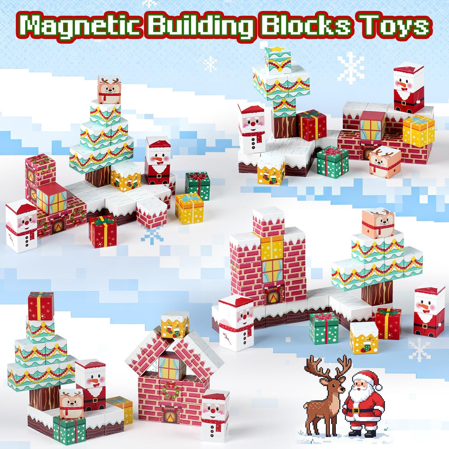 Magnetic Building Blocks for Kids Ages 3-8, STEM Magnetic Cubes Travel Toys with Iron Storage Box – Portable Sensory Learning for Toddlers, Fine Motor Skills Toy for Ages 3 4 5 6 7 8（Festival）