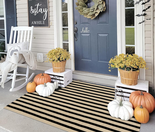 OJIA Washable Outdoor Rug 3'x5', Black and Tan Striped Outdoor Porch Rug Entryway Rugs Indoor Front Door Mat Outside Entrance Cotton Floor Carpet for Entry/Patio/Living Room/Balcony/Deck Decor