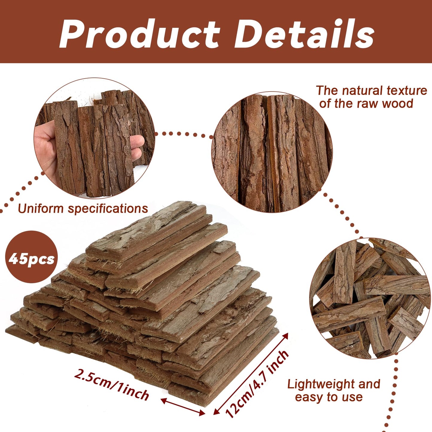 Morofme 45Pcs Natural Tree Bark Pieces Wood Bark Strips 4.7" x 1" Unfinished Tree Barks Planks Wooden Sticks Wood Log Twigs for Craft for Reptile Project DIY Crafts Fairy Door Miniature House Roof