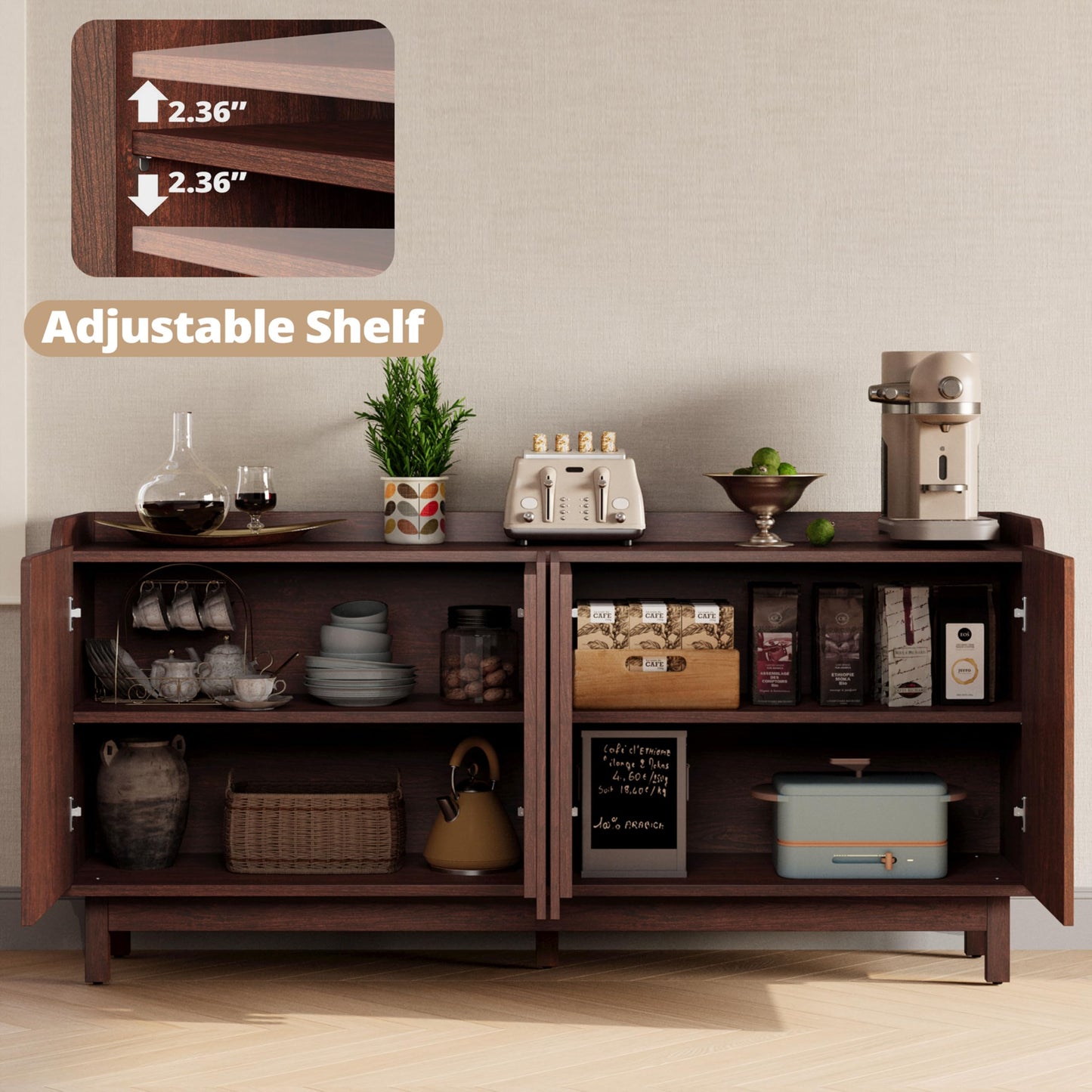 IRONCK Storage Cabinet, Buffet Cabinet with Grille Doors and 2 Adjustable Shelves, Mid Century Sideboard for Kitchen, Dining Room, Entryway（Natural Red Walnut）
