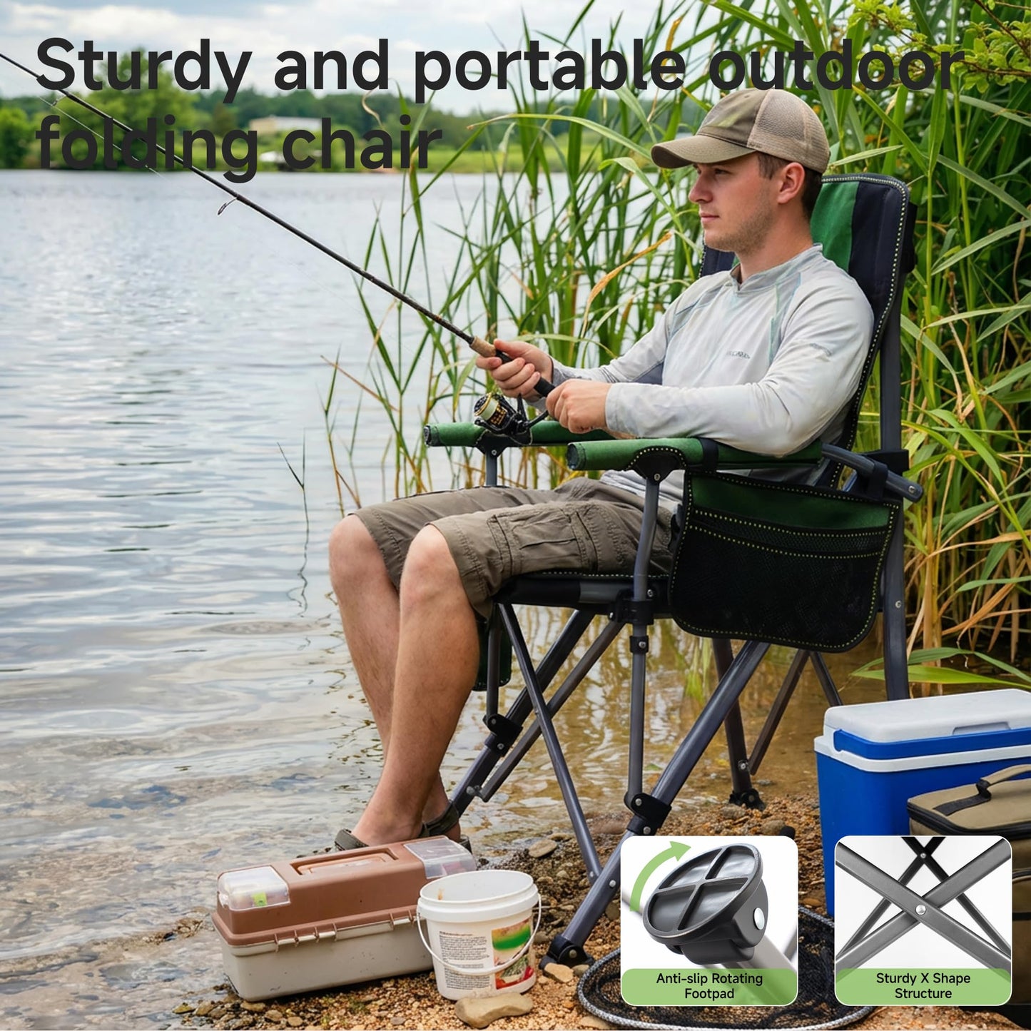 Anmiro Folding Camping Chair with Cup Holder and Storage Bag, Heavy Duty Support 400 LBS, Oversized Collapsible Portable Camping Chair for Outdoor Camp, Picnic, Travel, Fishing Green