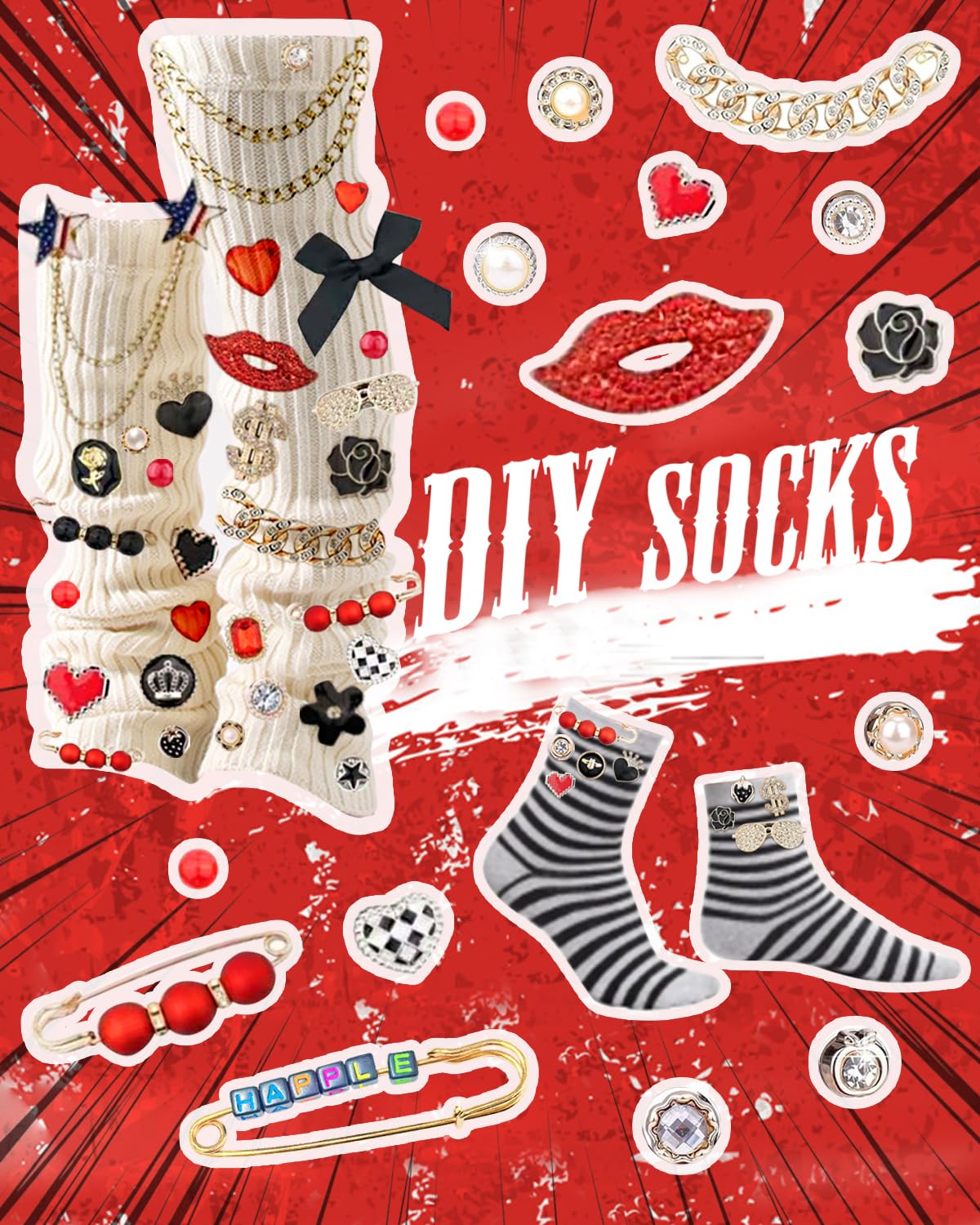 MINGRI Junk Socks Charms Kit Red Black,195 Pcs Shoes Charm for Sneakers,Brooches and Pin for Women with Letter,Safety Hat Pin for Women Gift Rhinestone Junk Charm with Pearl Chain