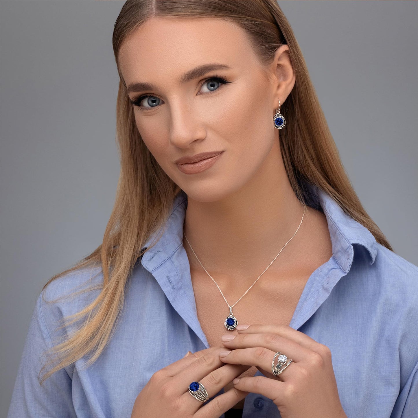 JEAN RACHEL JEWELRY 925 Sterling Silver Dangle Earrings for Women - Wire Wrap with Bezel Set Cubic Zirconia Vintage Design - Hypoallergenic, Lead & Nickel Free - Artisan Handcrafted Statement Earrings (Sapphire CZ)