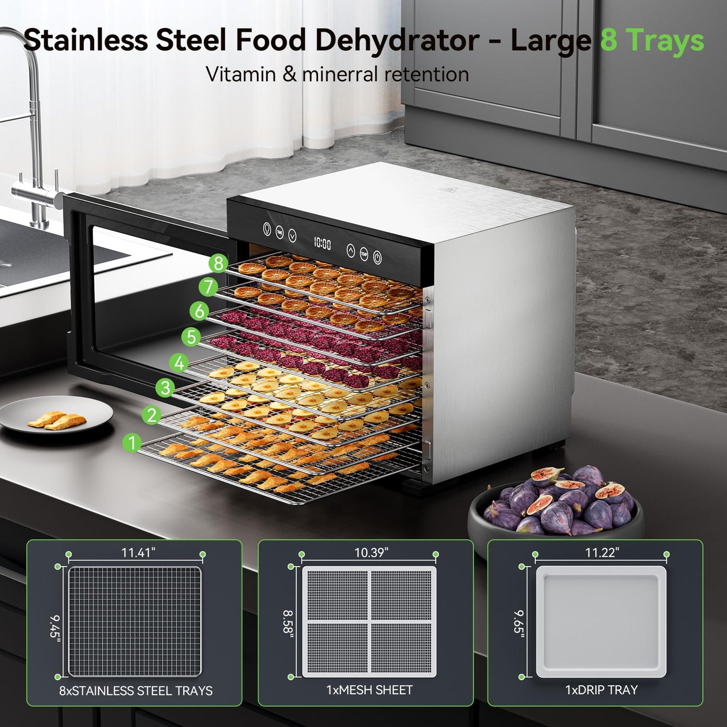 Food Dehydrator with Adjustable Timer & Temperature, 8 Stainless Steel Trays, 650W Powerful Machine, Quiet Operation Dehydrator for Jerky, Fruits, Herbs, Dog Treats