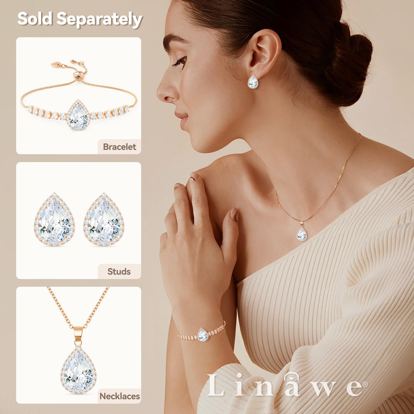 Linawe Crystal Chain Necklace for Women Rose Gold, Dainty Imitation Diamond Pendant Moonstone Moissanite Necklace, Cubic Zirconia Wedding Bride Teardrop Necklace Set