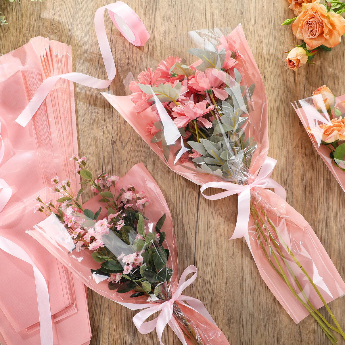 Fullhawl 100 Pcs Flower Bouquet Wrapping Bags 9.8 x 17.9 Inch and 14.2 x 22 Inch Mother's Day Kraft Paper Flower Sleeves Floral Bags with Ribbons for Bouquet Wedding Birthday Graduation (Pink)