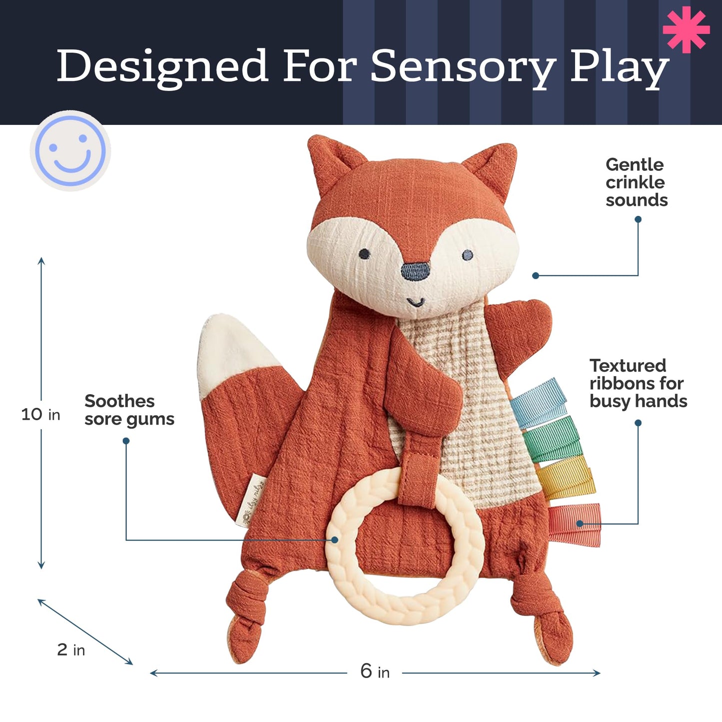 Itzy Ritzy - Bitzy Crinkle Sensory Toy for Babies & Toddlers — Features Crinkle Sound, Soft Braided Teething Toy Ring & Textured Ribbons — Gender Neutral Baby Item for Ages 0 Months & Up, Fox