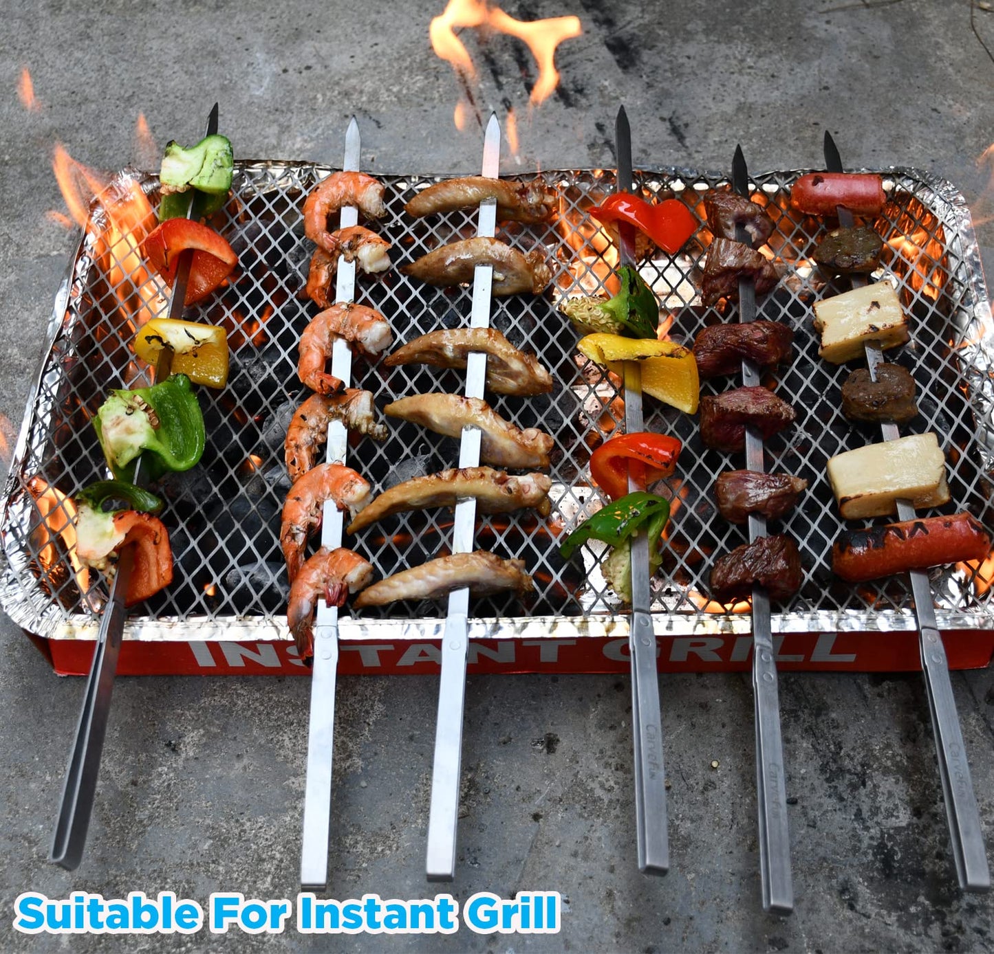 Carvefun Innovative Thermal Insulation Handle BBQ Skewers Set - 6 Stainless Steel Wide BBQ Kebob Sticks For Grill - Flat Metal With 1 Food Remover Bar - 16.7' Inch Metal Kabob Skewers