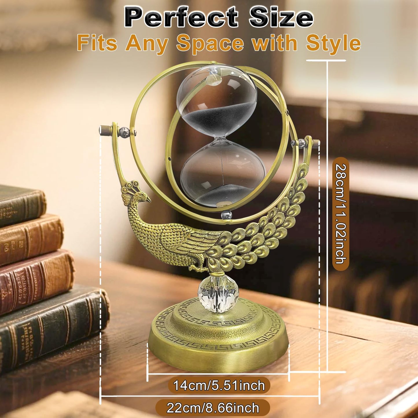 Hourglass 60 Minute Sand Timer, 720° Rotating Brass Peacock & Crystal Ball Sand Clock,Antiguo Reloj De Arena 1 Hora, Large Metal One Hour Glass Sandglass for Gifts Office Desk Decor
