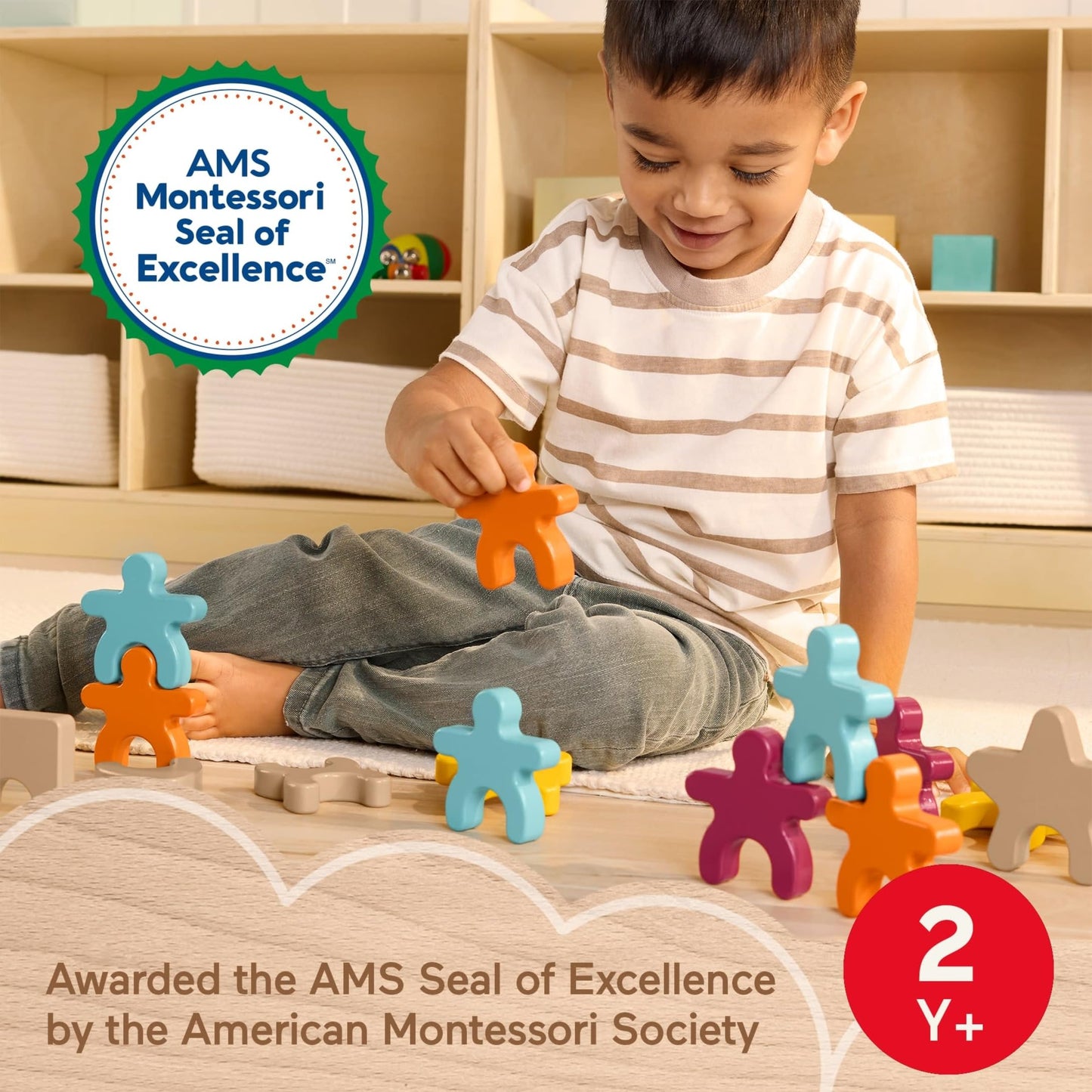 Fisher-Price Wood Montessori Toy Stacking Shapes, American Montessori Society Seal of Excellence, 16-Piece Wooden Learning Activity & Expert Play Tips for Kids Ages 2+ Years