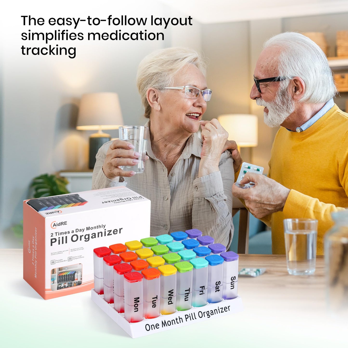 CAidRE Monthly Pill Organizer 2 Times a Day - 28 Day Pill Box AM PM, Clear One Month Pill Case for Vitamins, Supplements, Medications - Daily Medicine Organizer for Home & Travel