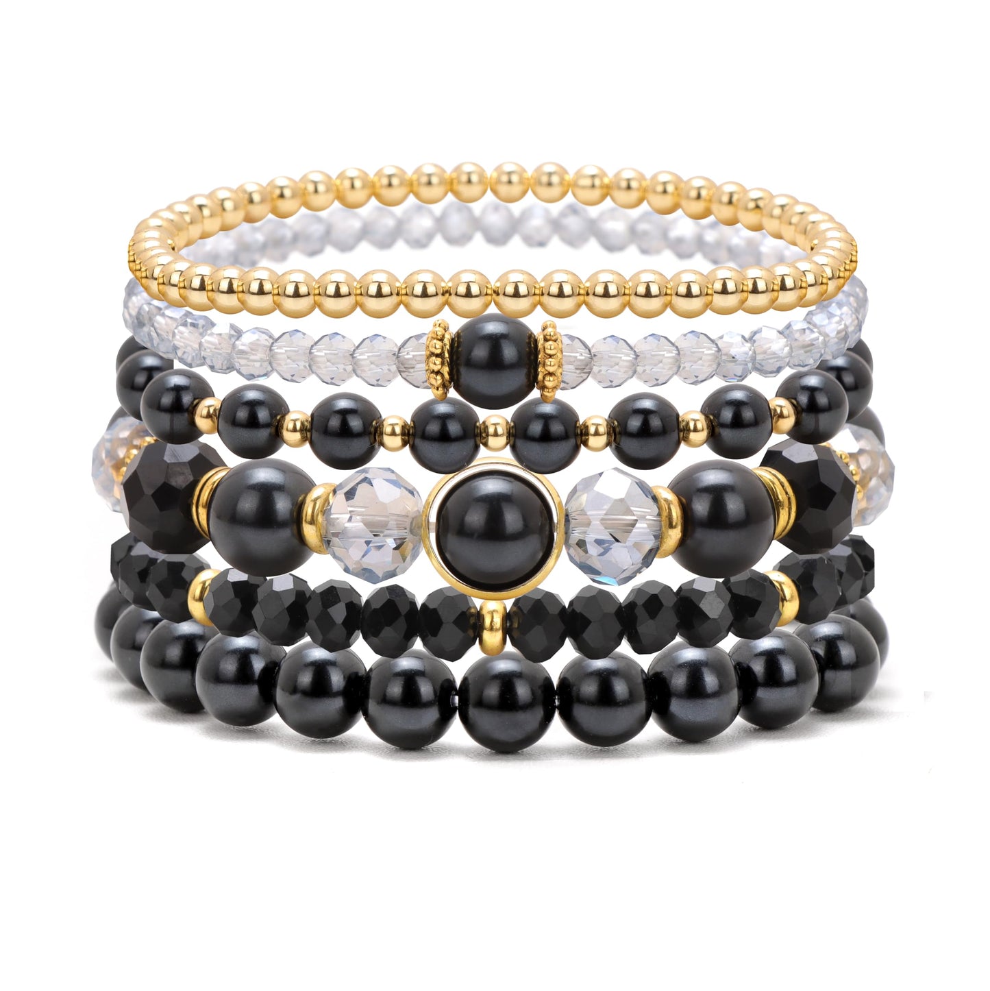 Raicegs 6PCS Beaded Bracelet 14K Gold Pearl Stretch Bracelet Stackable Crystal Beads Bracelets Boho Trendy Jewelry Gift for Women