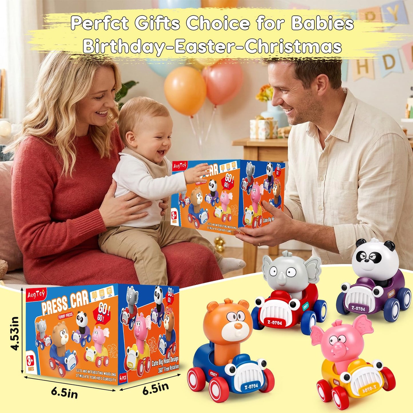 AugToy Press and Go Toy Cars for Toddlers 1-3, Animal Racing Cars Infant Baby Toys 6-9-12-18 Months, Cars Toys for 1 2 Year Old Boy Girl Gifts, One 1st First Year Old Boy Girl Birthday Easter Gifts