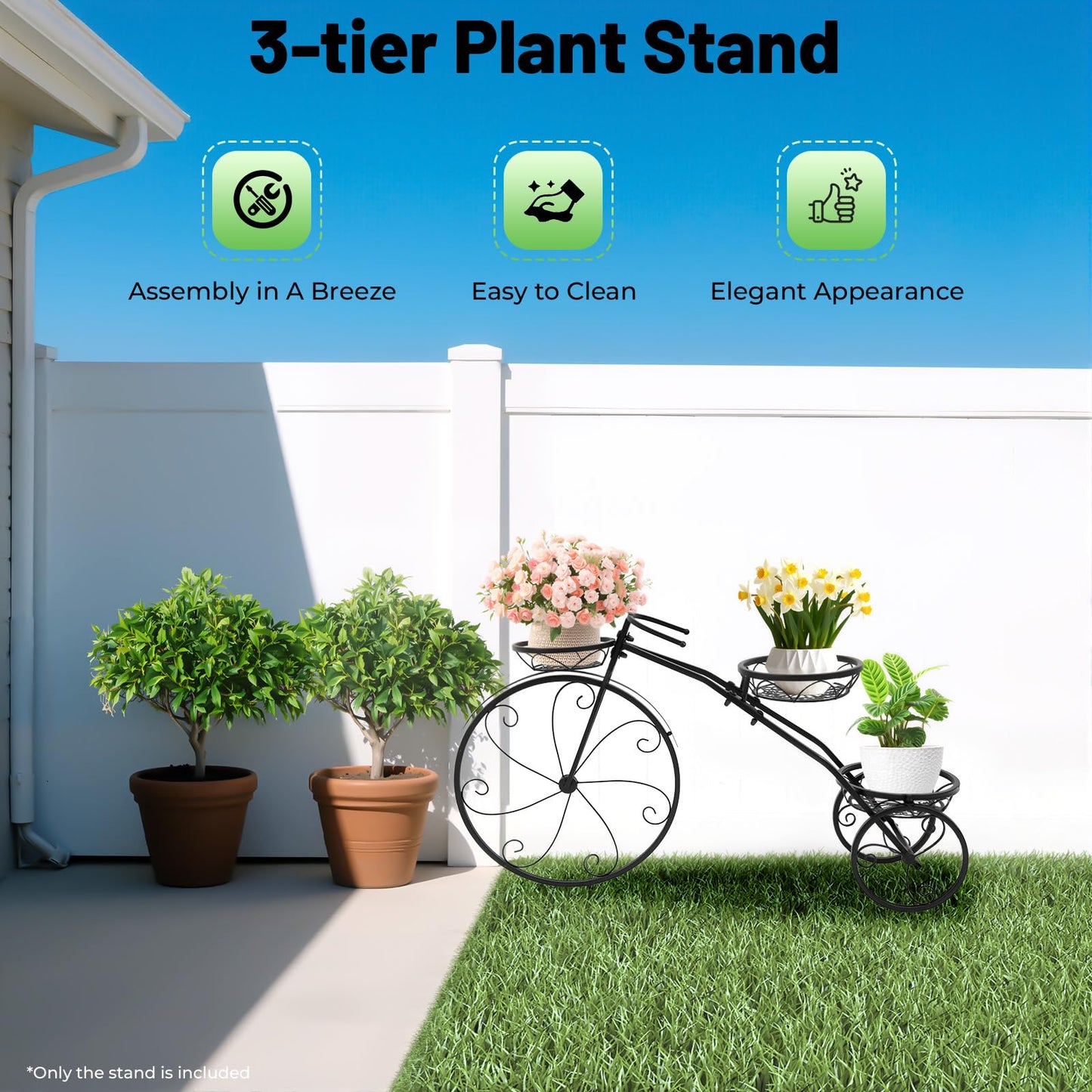 CheriMuMu Bicycle Planter Stand, Metal Flower Pot Cart Holder, Tricycle Plant Stand with 3 Collection Baskets for Outdoor, Indoor, Home, Balcony, Patio, Garden, Backyard, Capacity 22.05lbs