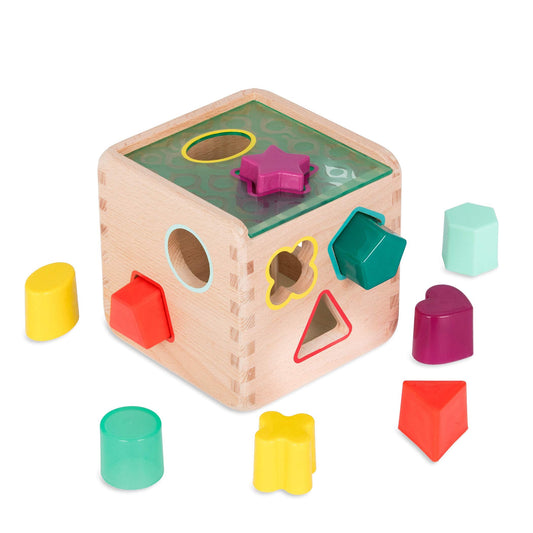 B. toys – Wonder Cube– Developmental Toy– Wooden Shape Sorter Cube – 9 Colorful Shapes – Educational Wooden Toy for Toddlers, Kids – 18+ Months