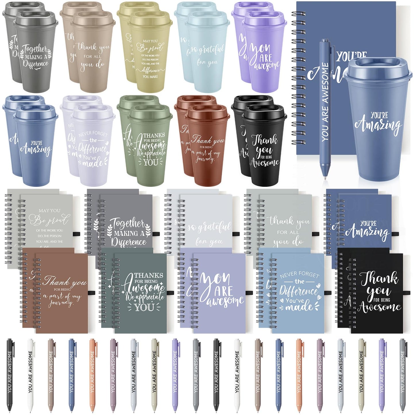 Teenyyou 60 Pcs Employee Appreciation Gift Set, 16oz Tumbler with Lid Notebook Pen Bulk Thank You Gift Holiday Party Favor for Teachers Office Coworker Teacher Staff Team (Dark Color,Classic Style)