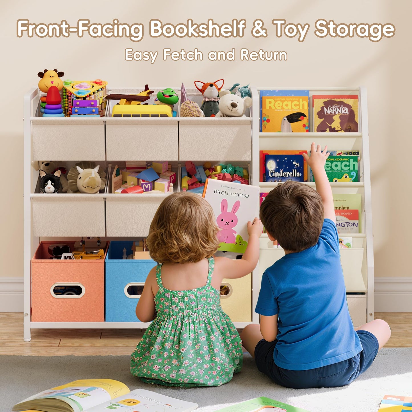 HAVLOTII Toy Storage Organizer - Kids Bookshelf and Toy Storage with 3 Book Shelf and 10 Storage Bins, Montessori Playroom Storage for Toddler, Baby, Book Shelf for Kids Rooms