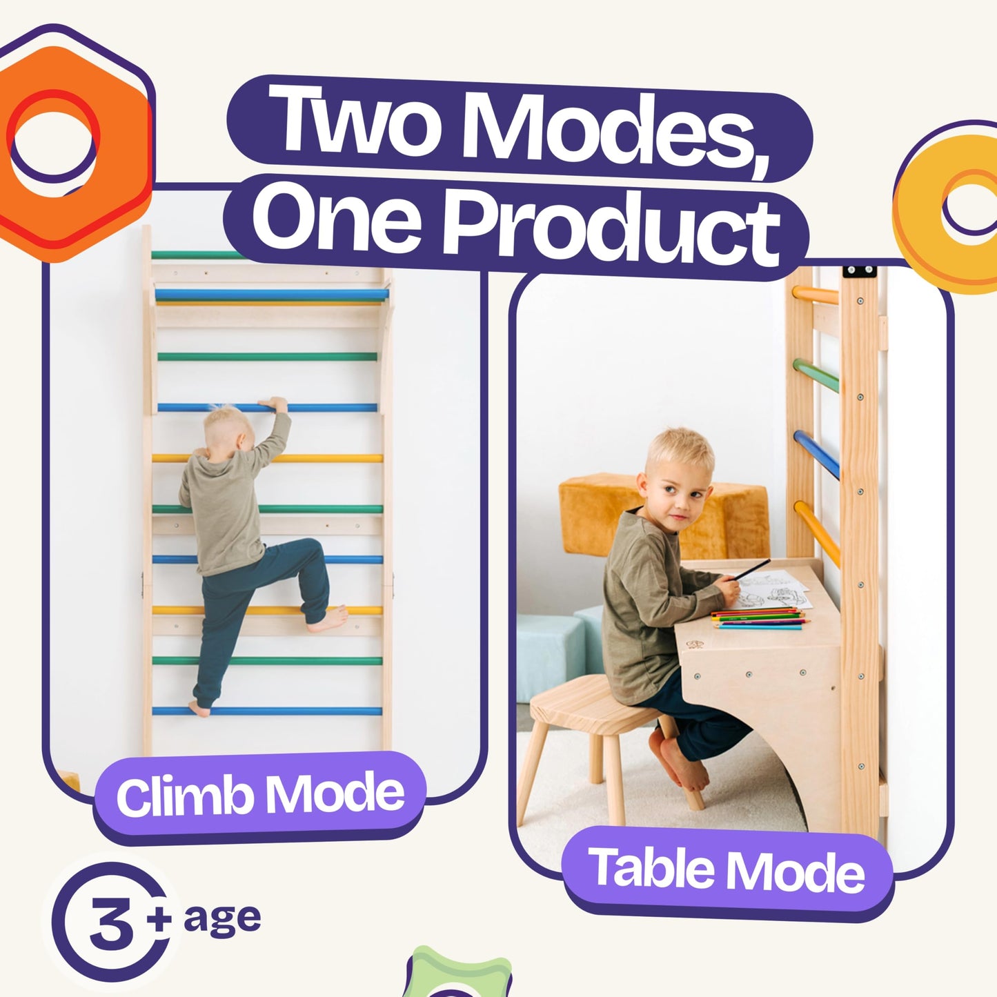 ComfyBumpy Swedish Ladder & Climbing Wall Jungle Gym for Kids, Wall-Mounted Indoor Climbing System (2-Piece Set)