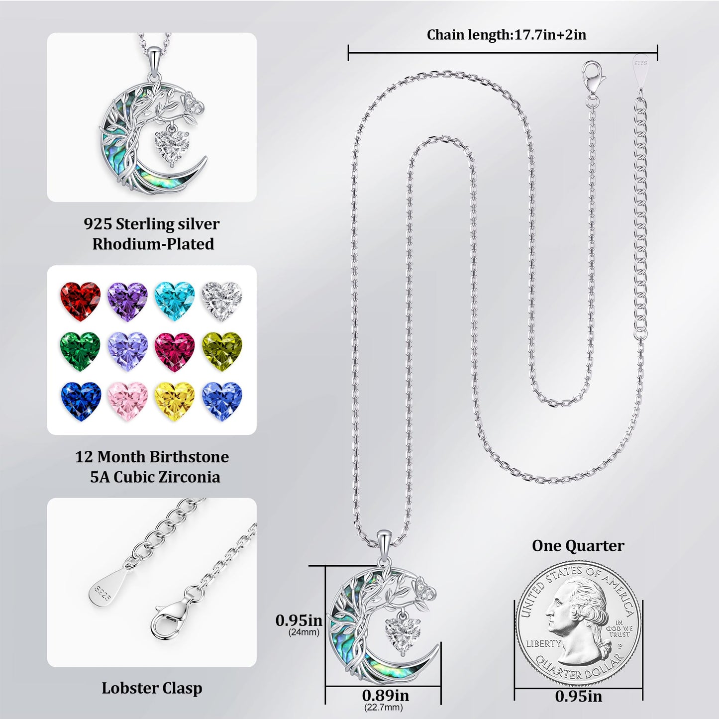 Distance Tree of Life Birthstone Necklace for Women, S925 Sterling Silver Premium Abalone Shell Moon Pendant April Heart Birthstone Necklace, White Jewelry Christmas Birthday Gifts for Her Mom Wife