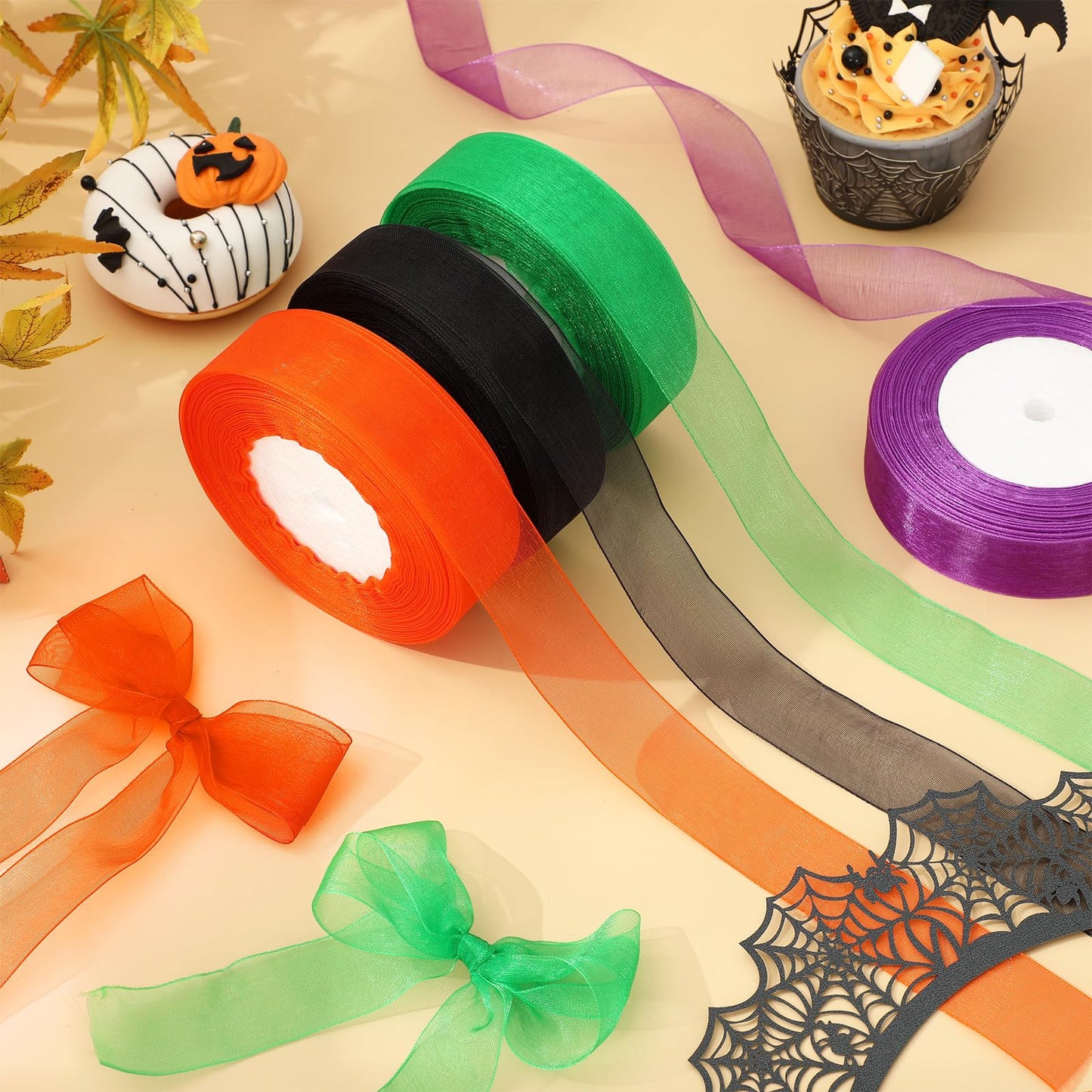 JarThenaAMCS 4 Rolls 200 Yard Halloween Sheer Chiffon Ribbon 1 Inch Organza Wrapping Ribbon Black Orange Green Purple Fabric Ribbon for DIY Crafts Bow Wreath Making Supplies