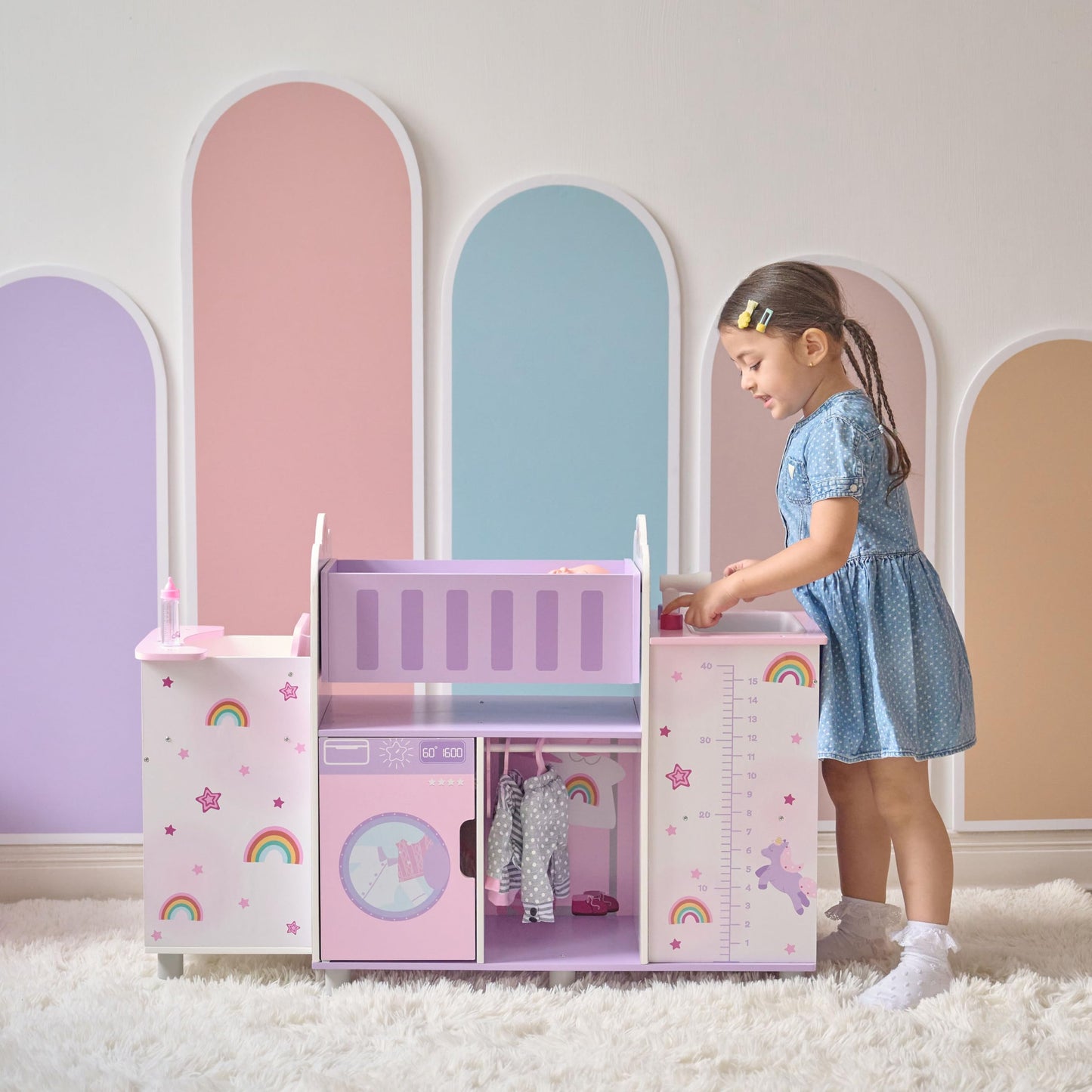 Olivia’s Little World Fantasy Care Doll Nursery 6-in-1 Unicorn Themed Baby Station with Cradle, Washer, High Chair, Sink & Closet with 3 Wooden Hangers for Pretend Play, for Girls Ages 3 and Up