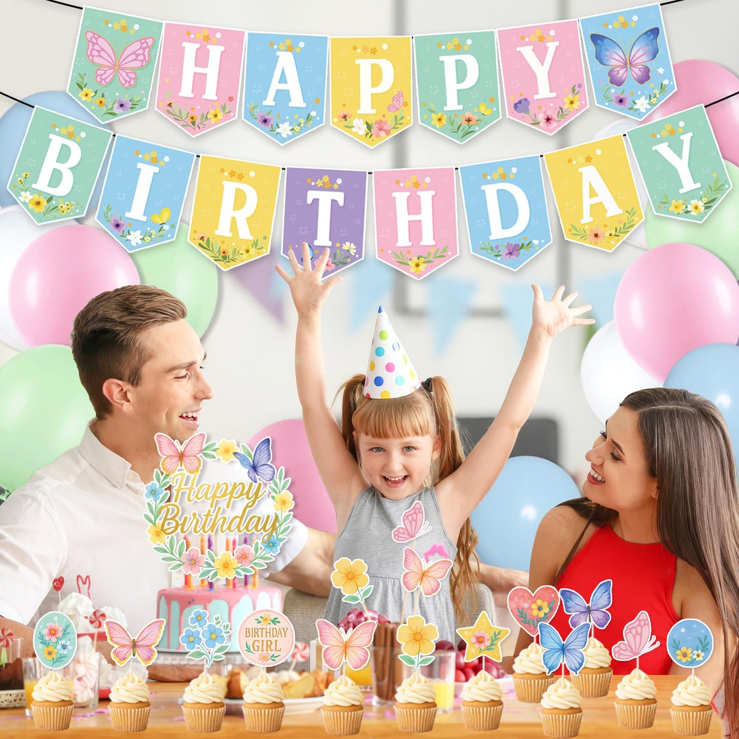 Butterfly Birthday Party Decorations for Girls Women, Spring Birthday Party Decorations - Pastel Spring Happy Birthday Banner, 24 Balloons, Butterfly Cake Topper & 24 Cupcake Toppers