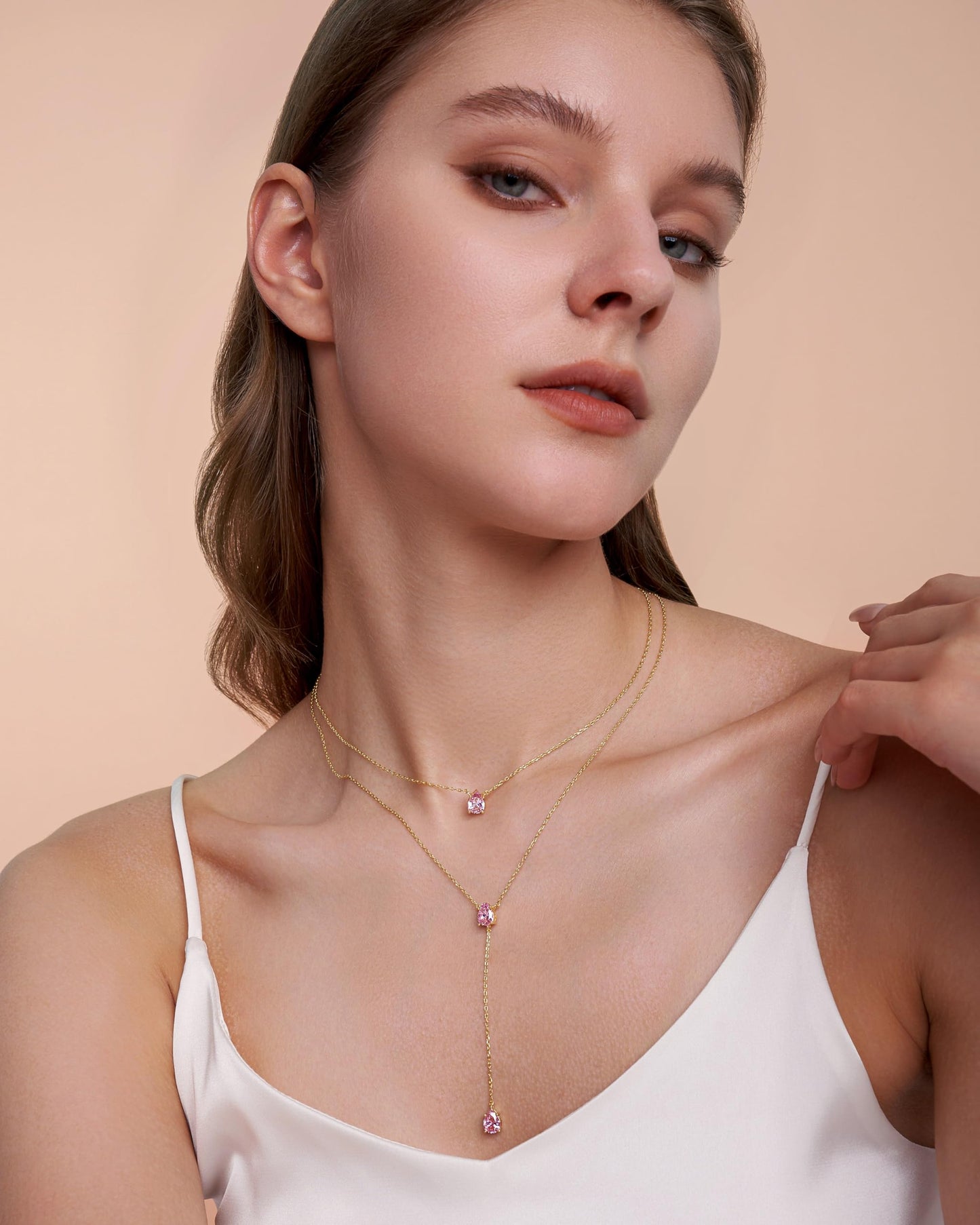SNGIA Long 18K Gold Plated Blue Green Red Layered Pendant Necklace For Women (Emerald, Ruby, Seafoam, Sky, Sapphire, Pink), Dainty Birthstone Necklace, Statement Necklace Jewelry Gifts.