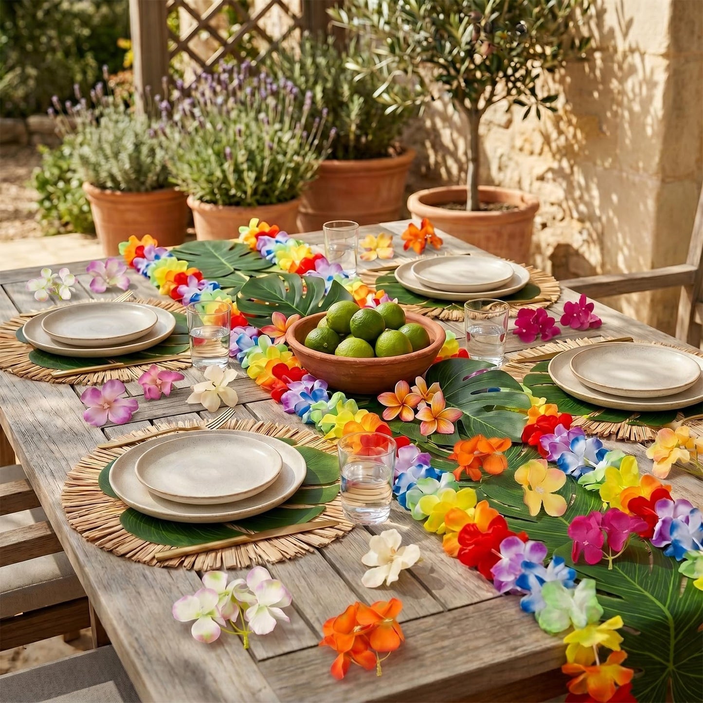 38PCS Hawaiian Tropical Party Decorations, Luau Placemats and Palm Placemat, Round Luau Fringe Place Mats Hibiscus Flower Simulation Artificial Leaf Birthday Party Supplies Table Decor