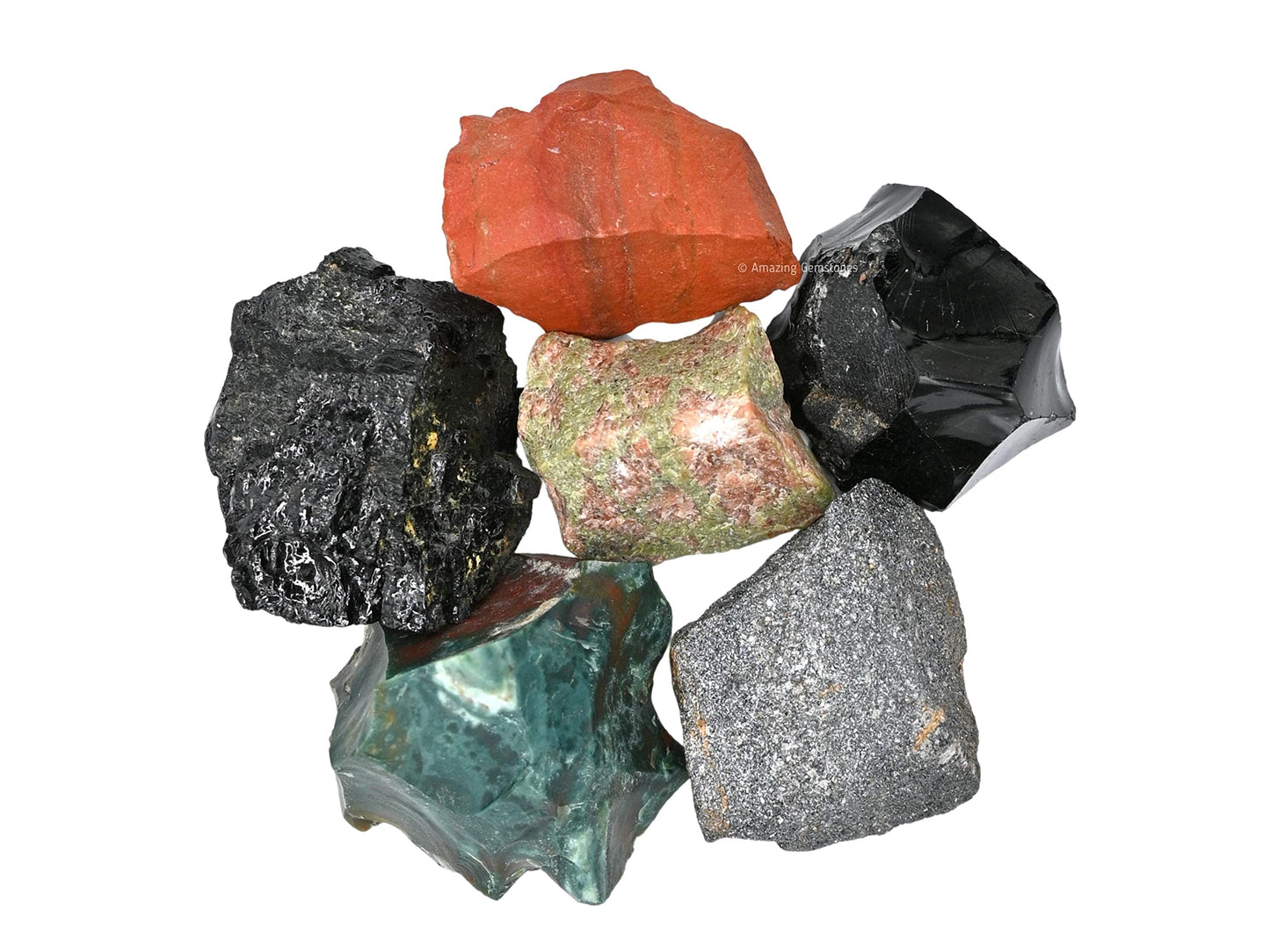 Amazing Gemstone Crystals for Health Manifestation, Set of 6 Red Jasper, Black Obsidian, Black Tourmaline, Bloodstone, Hematite and Unakite Healing Crystals and Stones