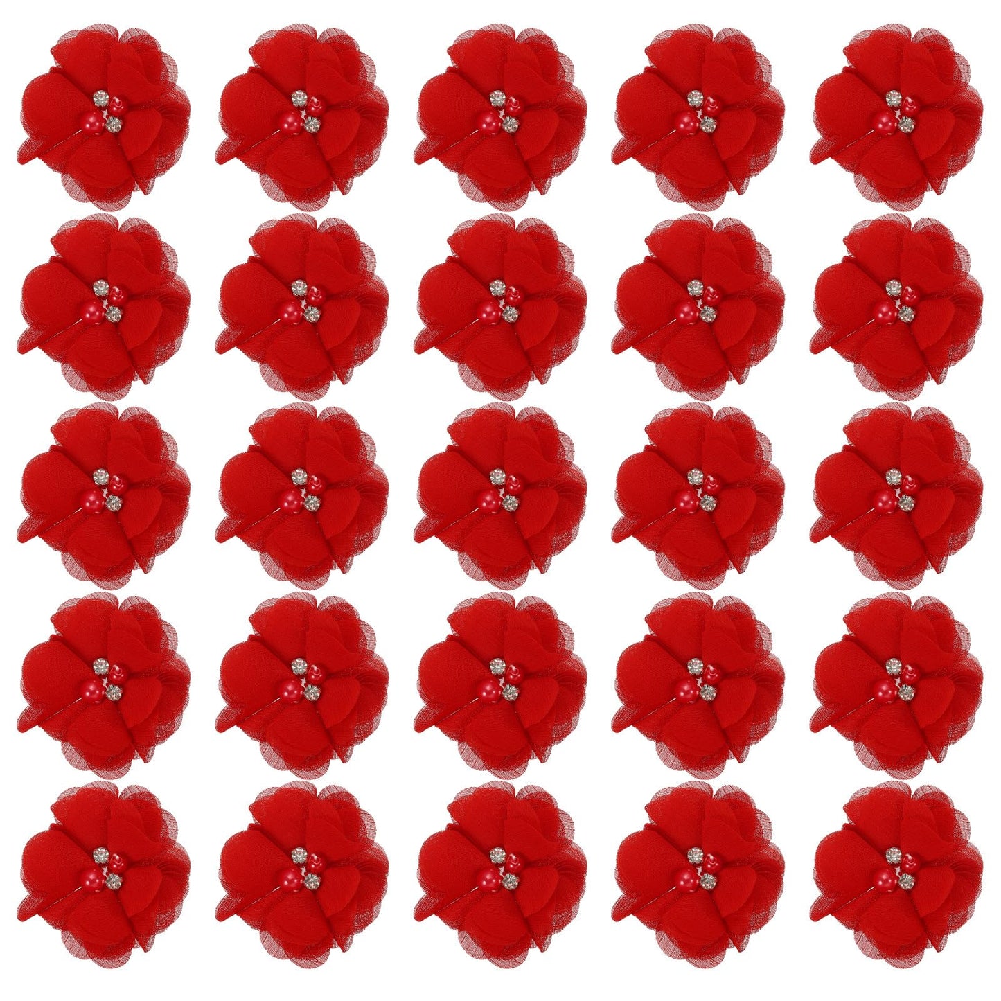 PATIKIL 2" Chiffon Flowers, 30Pcs Fabric Flowers Sewing Appliques Embellishments with Rhinestone Pearl for DIY Crafts Wedding Headbands Party Decoration, Dark Red
