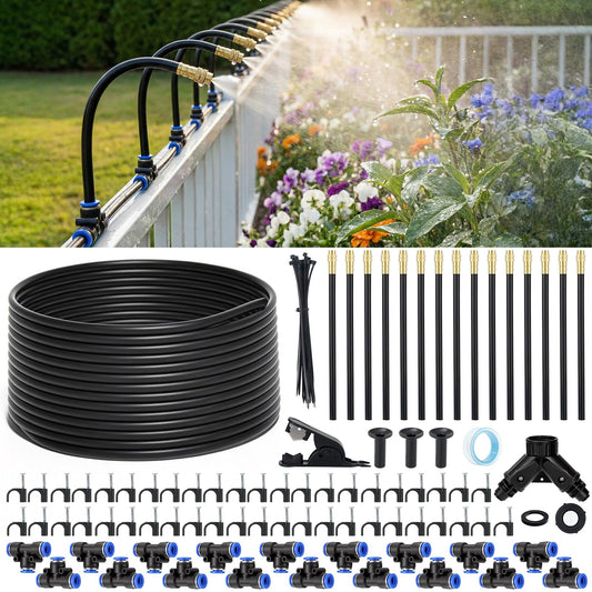 60FT Drip Irrigation Kit, 6mm Hose with Dual Outlet Splitter with Independent Valves & 15 360° Adjustable Brass Nozzles & 18 Snap-On Tees, DIY Automatic Watering for Greenhouse, Raised Beds, Garden