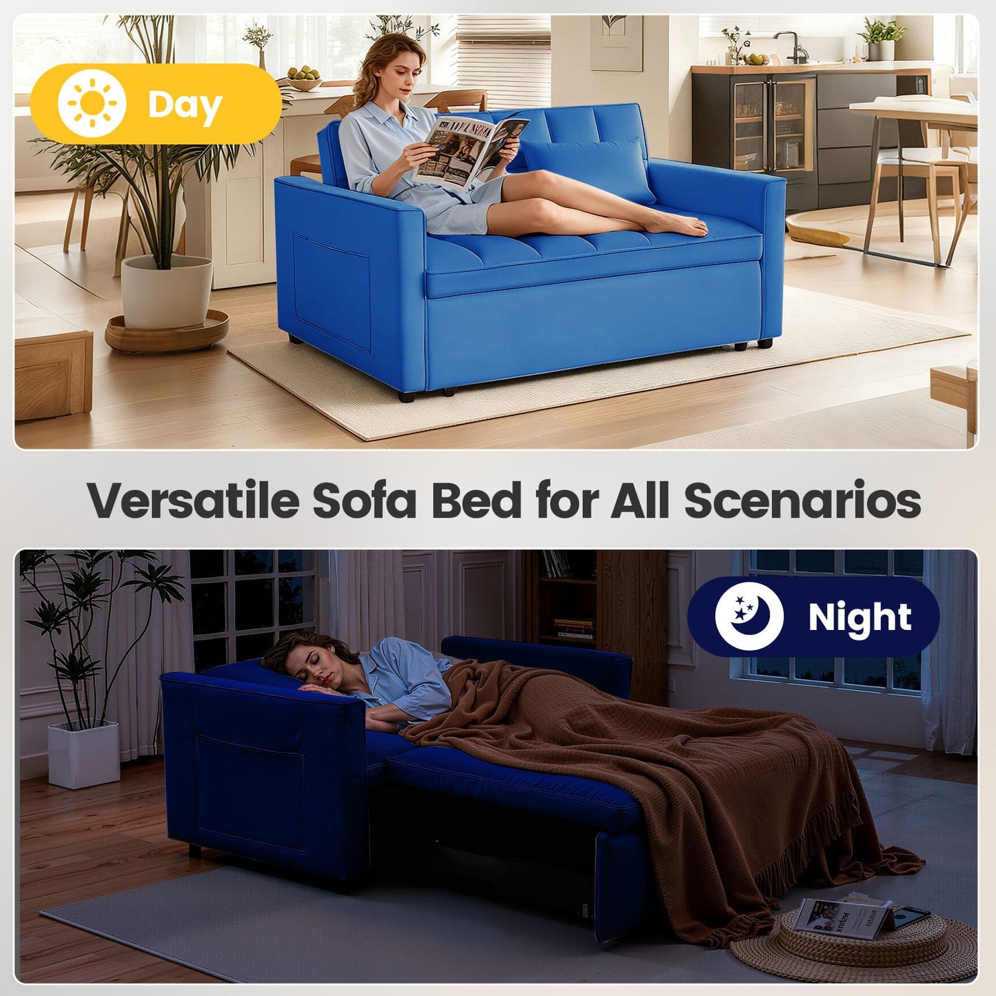 Trygoal Convertible Sofa Bed, Pull Out Couch with Side Pockets, 3 in 1 Velvet Fabric Loveseat Sleeper Sofa Bed, Pull Out Couch with Adjustable Backrest for Living Room, Bedroom, Apartment, Blue