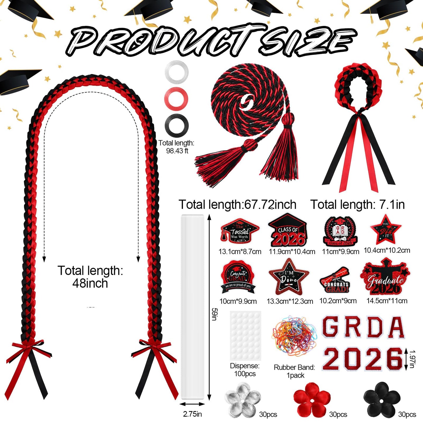 Graduation Candy Lei Making Kit Class of 2026 DIY Lei PE Bags Tubing Money Leis 2026 Graduation Ribbon Necklace Include 2 x 5 ft PE Bags 90 Pcs Flower Accessories for Grad Party Supplies (Black, Red)