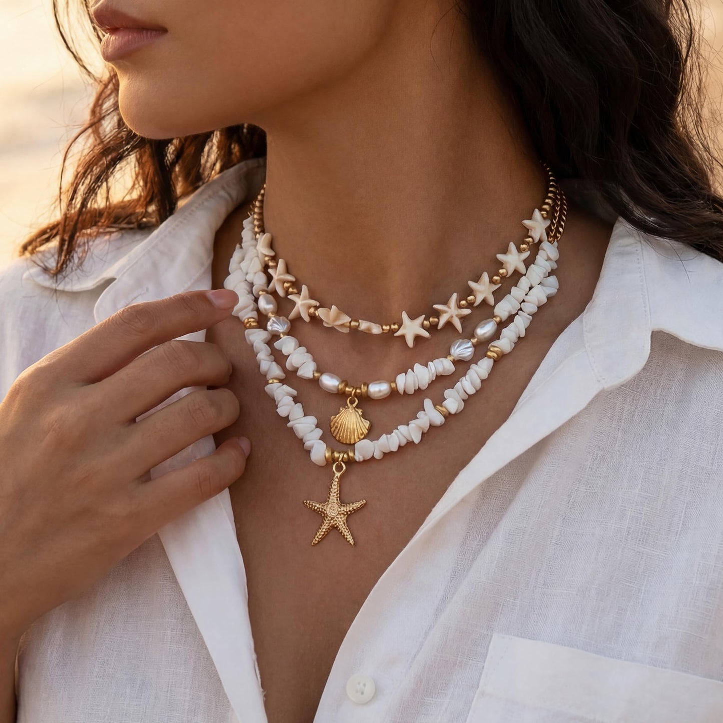Shell Starfish Necklace for Women, Gold Plated Boho Layered Pendant Necklace with Pearl Conch Charm, Dainty Coastal Summer Beach Vacation Jewelry Gifts(Crush 3Pcs)