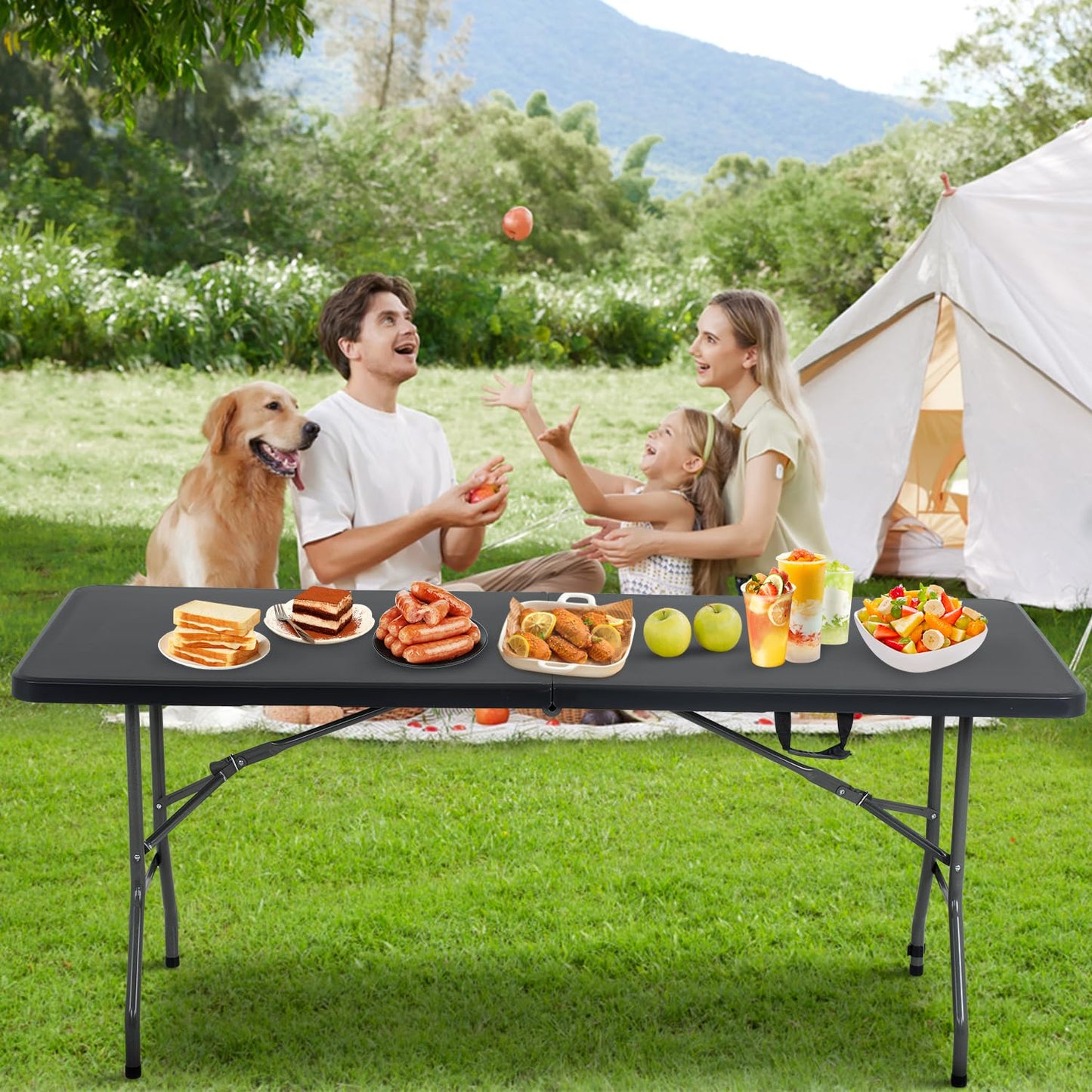 BestOffice Outdoor 6 FT Folding Camping Table Plastic Table Portable Square Height Dining Table Perfect for Picnics, Parties, Party and Camping, Black